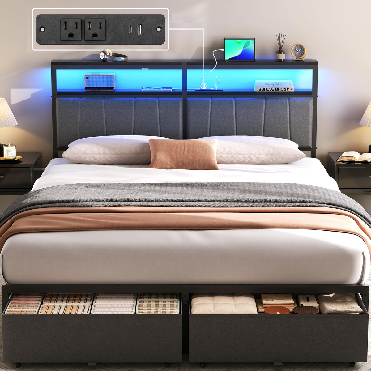 UHTN Queen Bed Frame with Storage Drawers and Charging Station, Grey