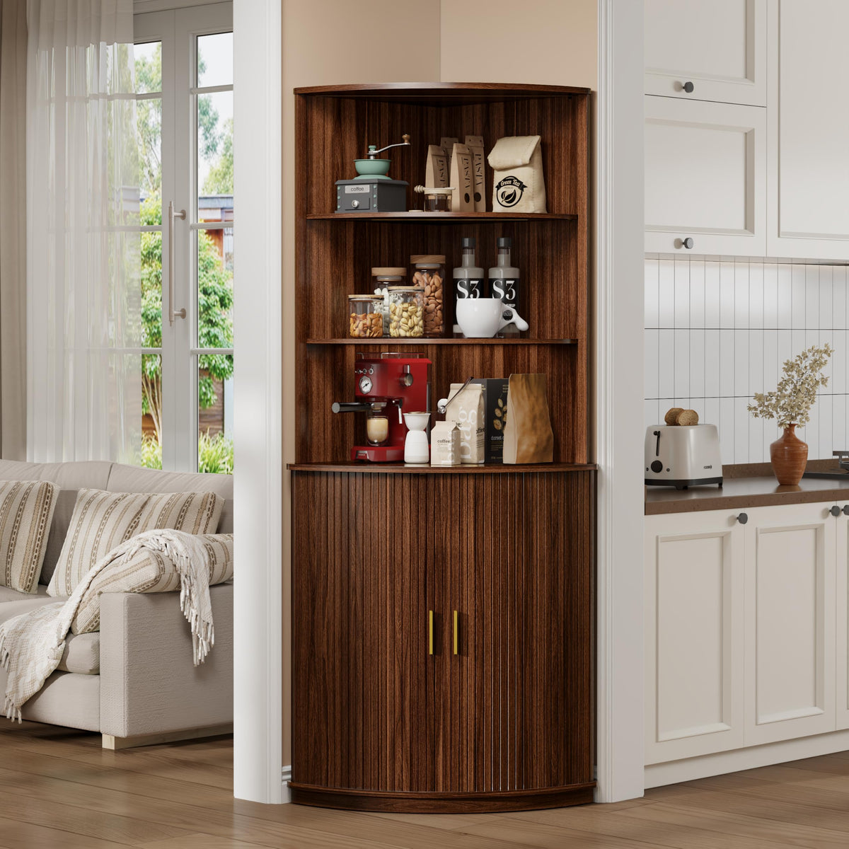 DHH 71" Tall Corner Bar Cabinet with LED Light & Wine Glass Holder(Walnut)