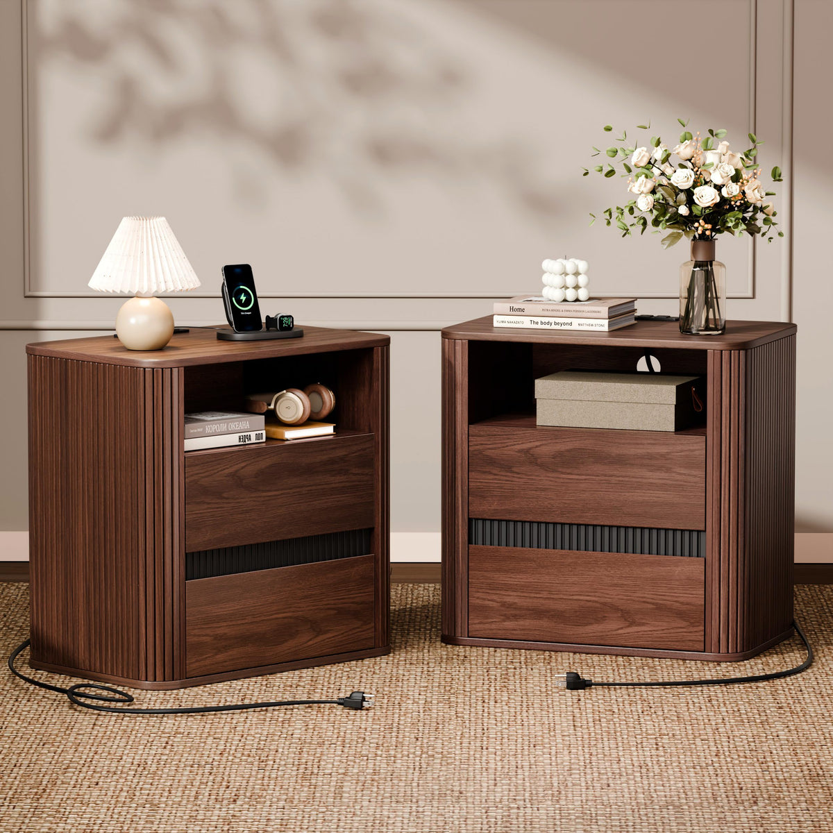 Walnut Nightstands Set of 2 with Charging Station, Modern Fluted Nightstand