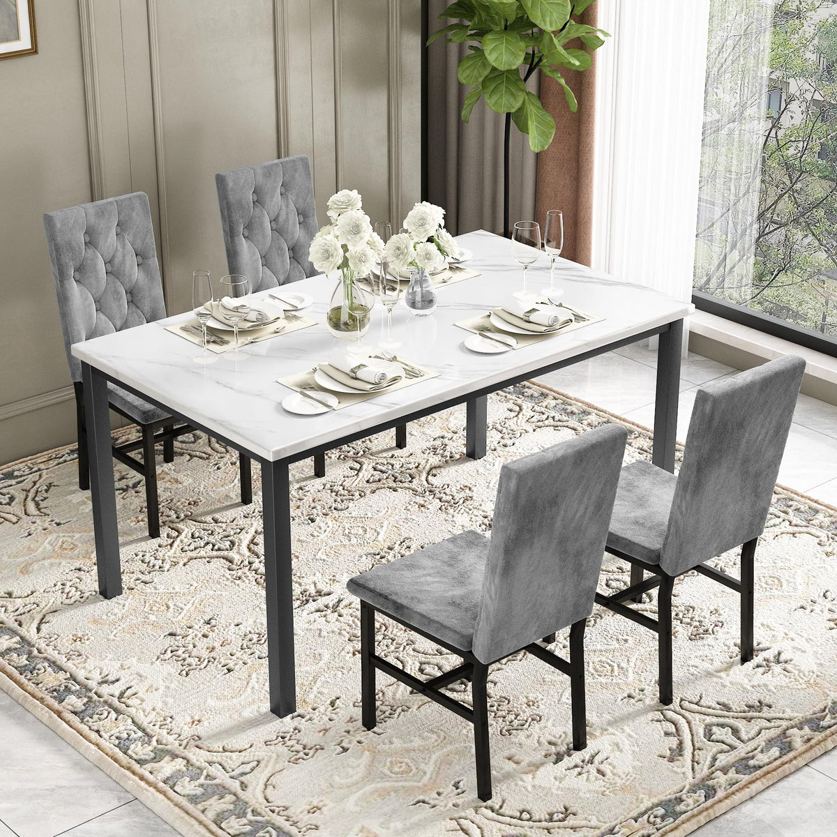 Hooseng Dining Table Set for 4, Faux Marble Small Kitchen Table Chairs Set of 4 with Luxurious Button Tufted Dinner Chairs for Kitchen and Dining