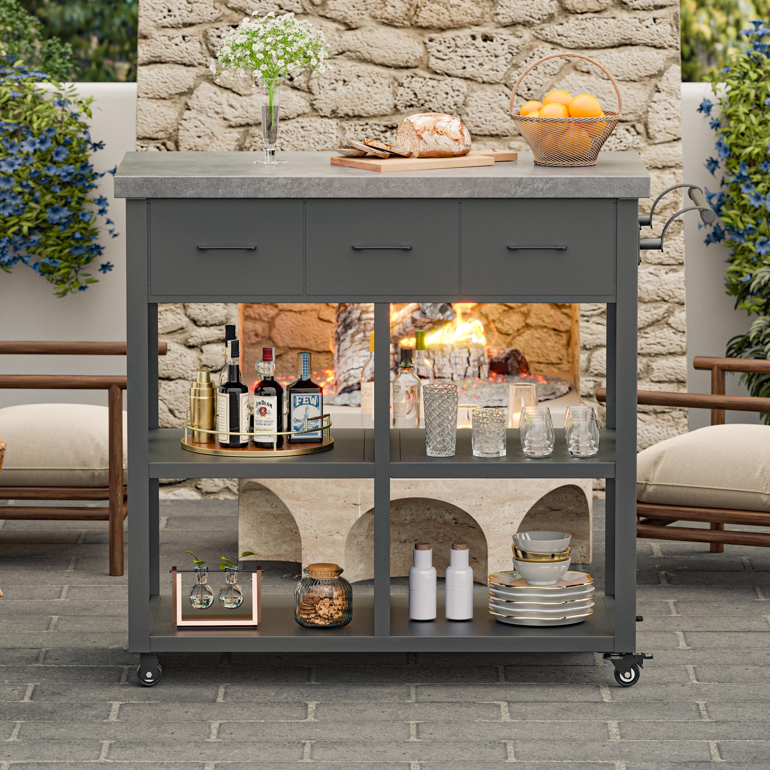 Outdoor Grill Cart with Marble-Textured Top