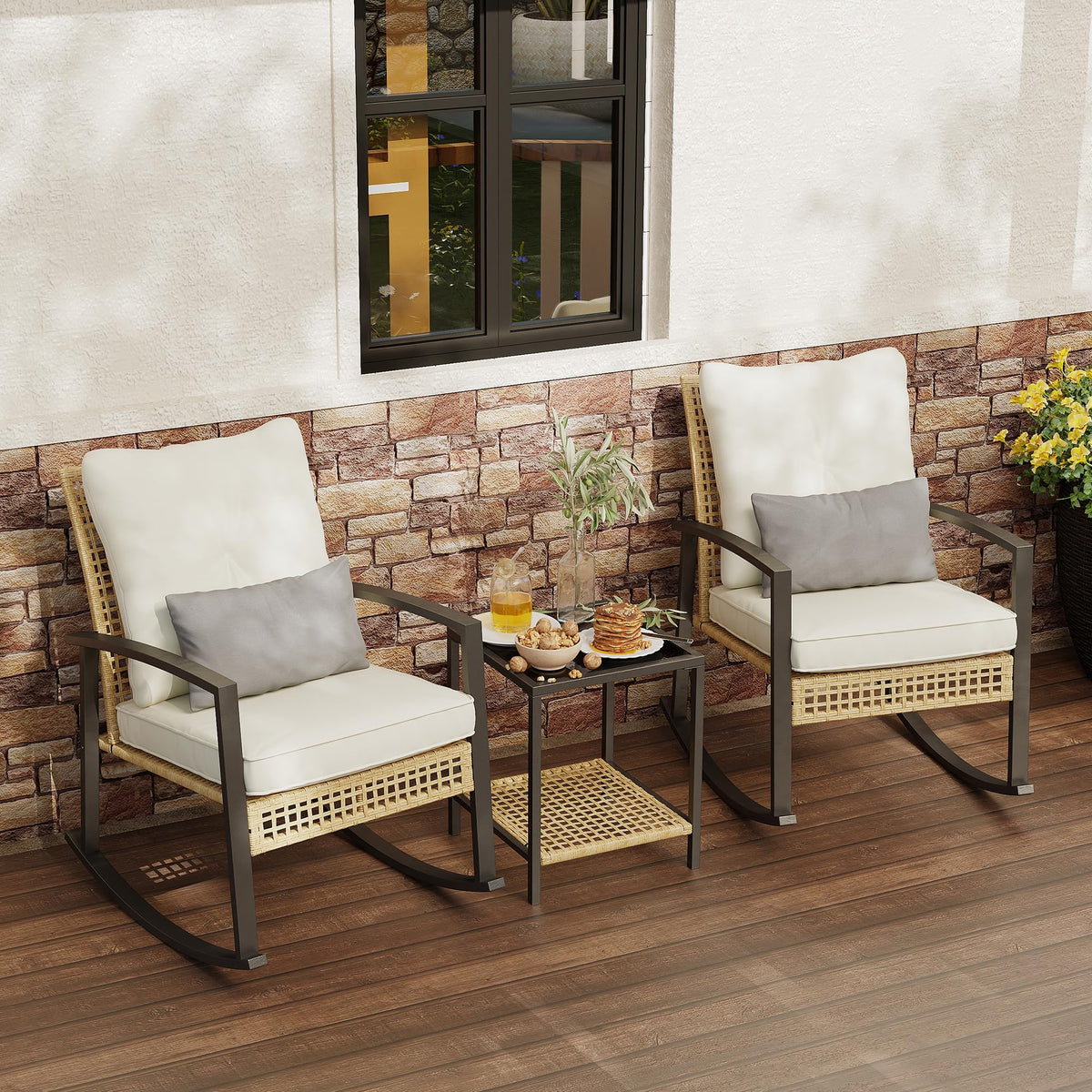 Rotihom 3 Piece Patio Rocking Chairs Set of 2, Outdoor Rocking Chair Bistro Set with Tempered Glass Coffee Table and Thick Lumbar Pillow Set, Front Porch Chairs for Garden, Backyard, Poolside (Beige)