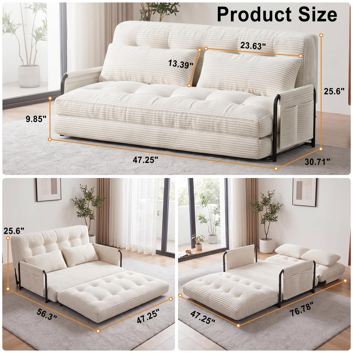 Mr IRONSTONE Folding Sofa Bed Couch with 2 Pillows, 2-Person Convertible Futon Floor Sofa Recliner with Armrests, Foldable Sleeper Couch for Living Room, Bedroom, Dorm, White