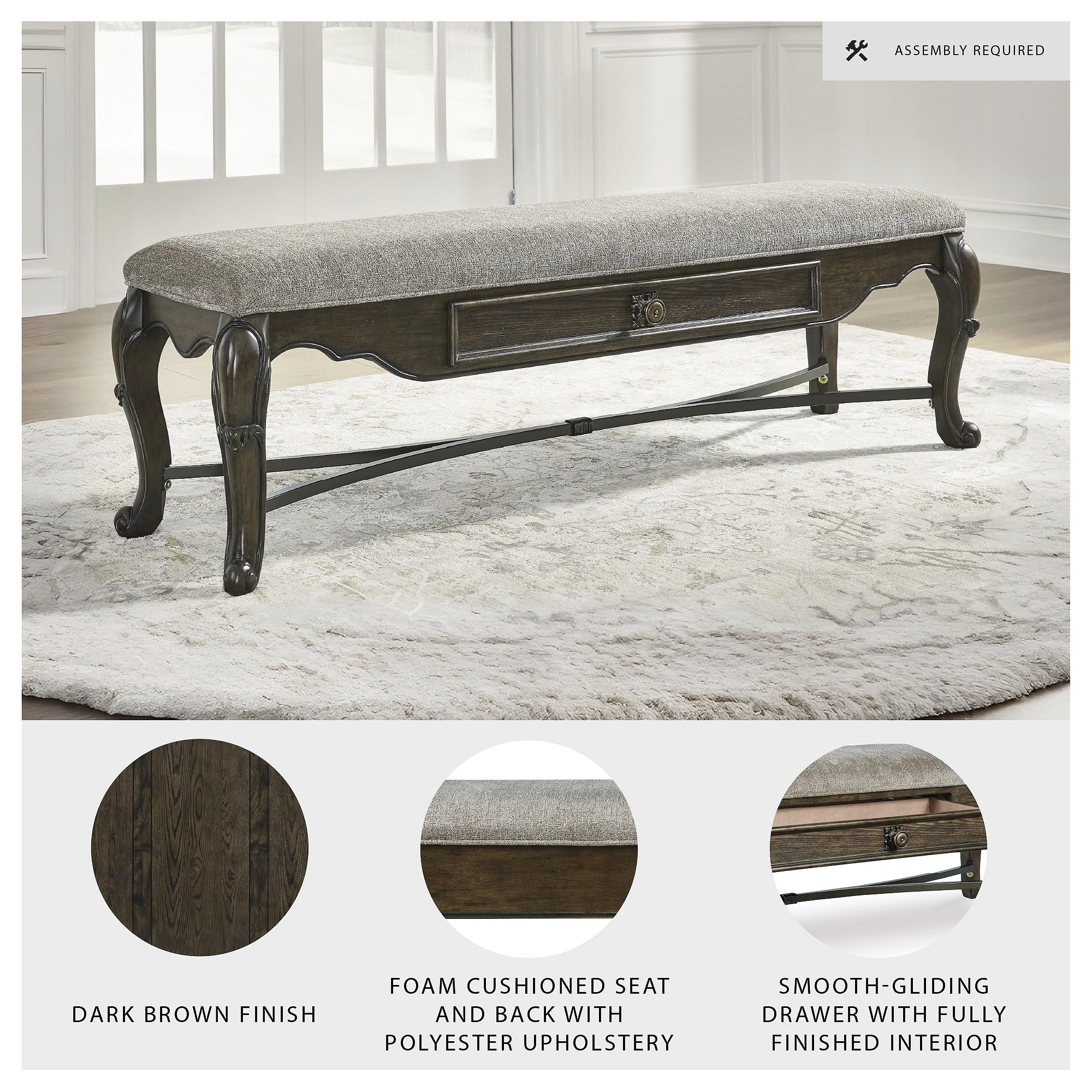 Upholstered Dining Bench with Storage Drawer