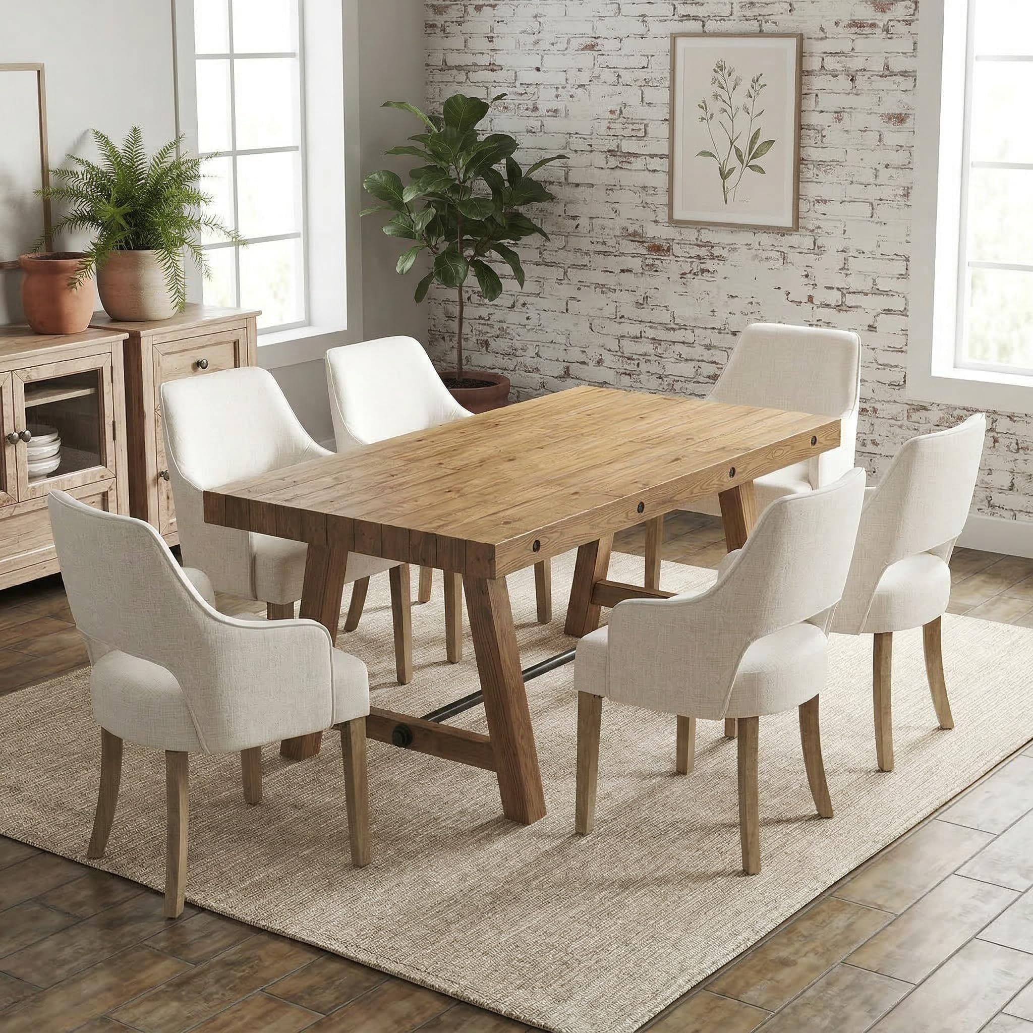 DM Furniture 7-Piece Farmhouse Wooden Dining Room Table Set for 6, 59" Reclaimed Wood Dining Table with Upholstered Chairs, Solid Wood Kitchen Table & Chair Set for Dining/Kitchen Room, Brown