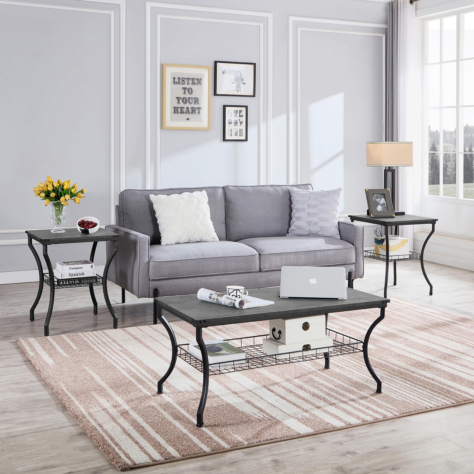 3-Piece Coffee & End Table Set with Storage Shelves
