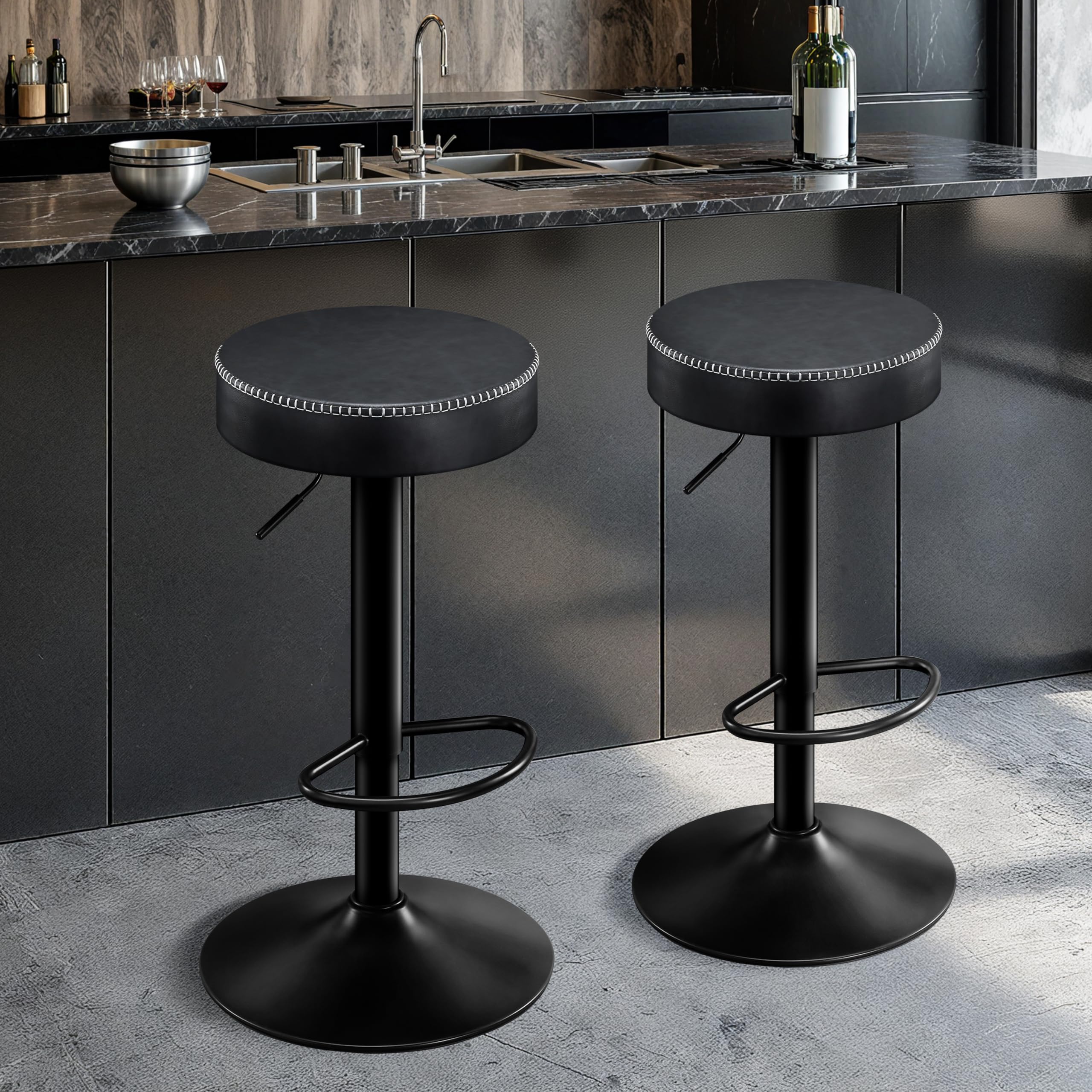 STOOLINK Swivel Bar Stools Set of 2 Black Microfiber Leather Counter Height Bar Stools with Round Seat Adjustable Backless Barstools Modern Tall Bar Chairs for Kitchen Island (24-33 Inch,330lbs)