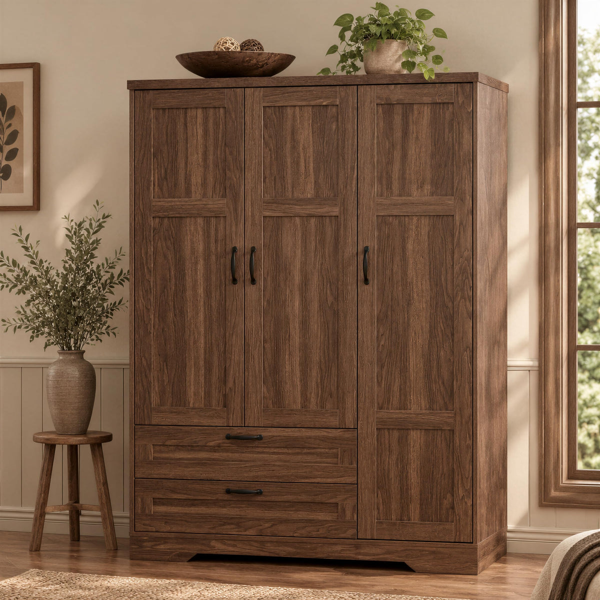 XIAO WEI Armoire Wardrobe Closet with 3 Door, Walnut