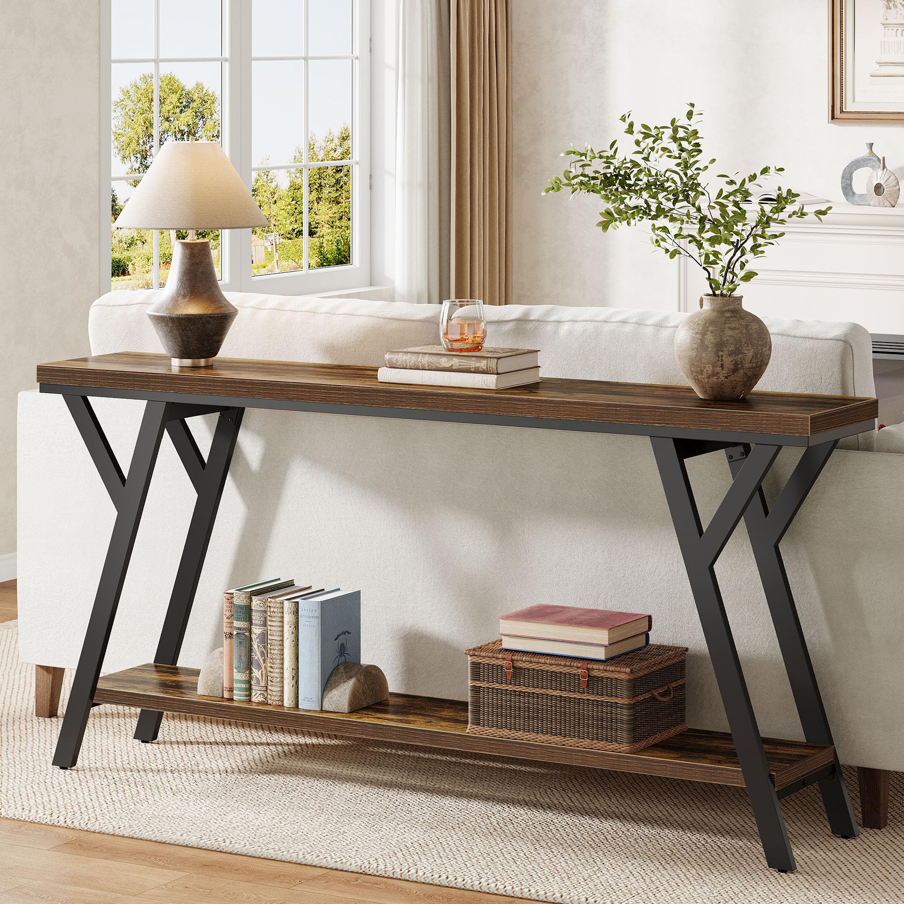 Tribesigns 70.9-Inch Narrow Long Entryway Console Table, Industrial Sofa Table Behind Couch with 2-Tier Storage Shelf for Hallway, Living Room, Entrance, Foyer, Rustic Brown