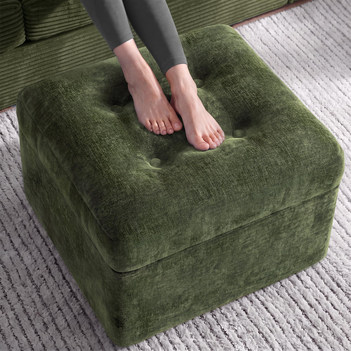 Fabulcozy 23.6in Pouf Ottoman, Chenille Ottoman Foot Rest with Dual‑Layer Support, Large Plush Pouf with Soft Chunk‑Foam Top & Firm Foam Base, Floor Foot Stool for Living Room, Green