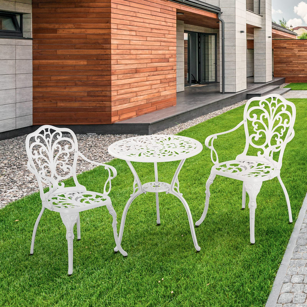 Withniture Outdoor Cast Aluminum Bistro Table and Chairs Set of 2 with 1.97" Umbrella Hole,All Weather 3 Piece Patio Bistro Set for Yard (White)