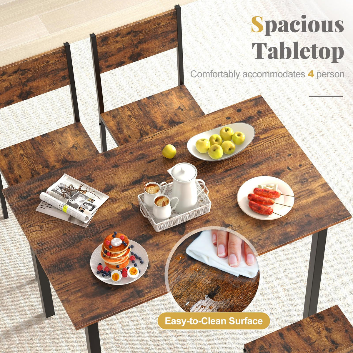 GIANTEX Dining Table Set for 4, 5-Piece Modern Kitchen Table and Chairs with Metal Frame & Adjustable Foot Pads, Space Saving Wood Dinette Set for Small Space, Breakfast Nook, Apartment (Brown)