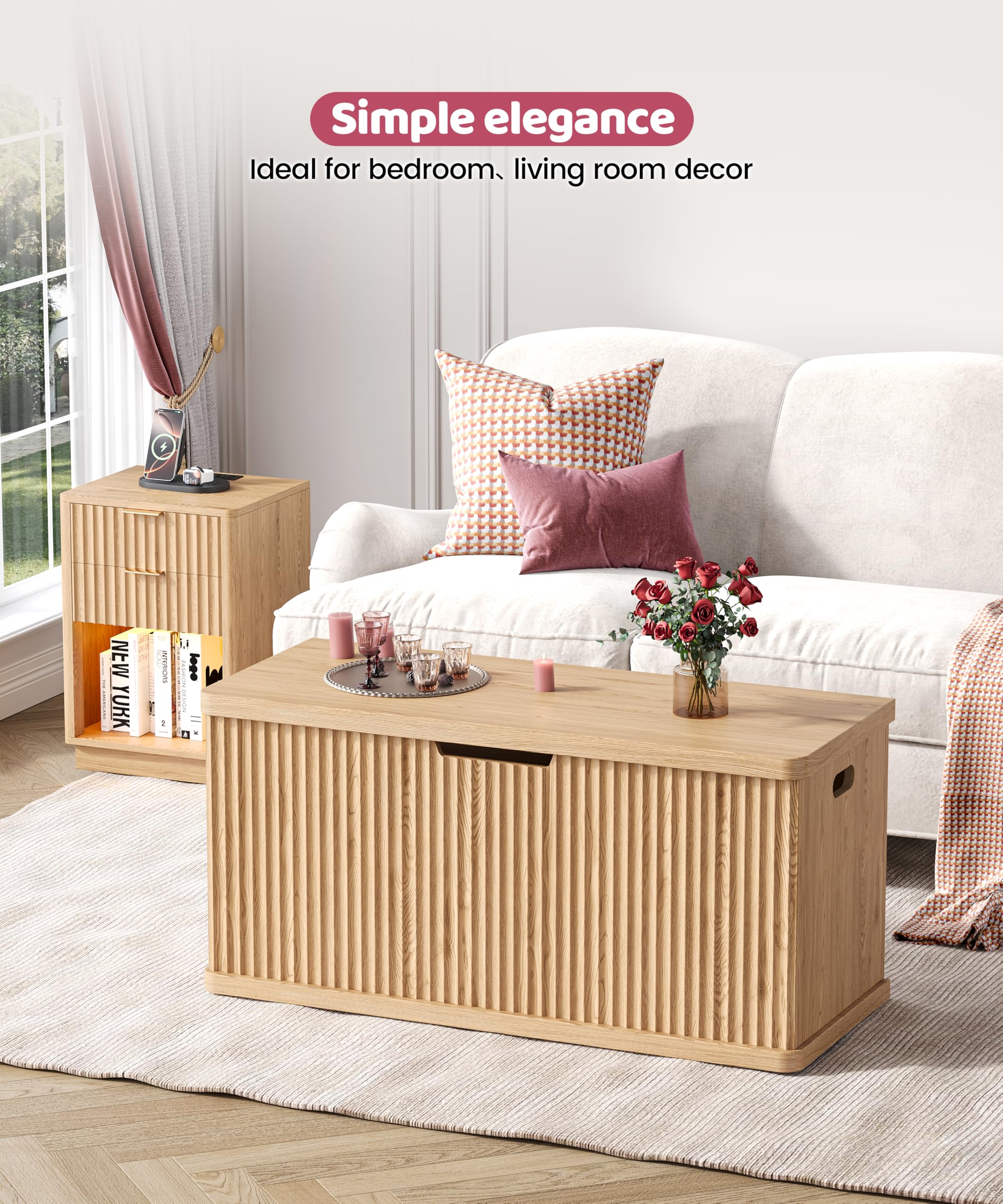 Akxomel Fluted Storage Chest with 2 Safety Hinges, 37.4" Wooden Storage Trunk, Natural Entryway Bench, for Living Room, Bedroom, Curved Profile, Easy Assembly, Natural Oak