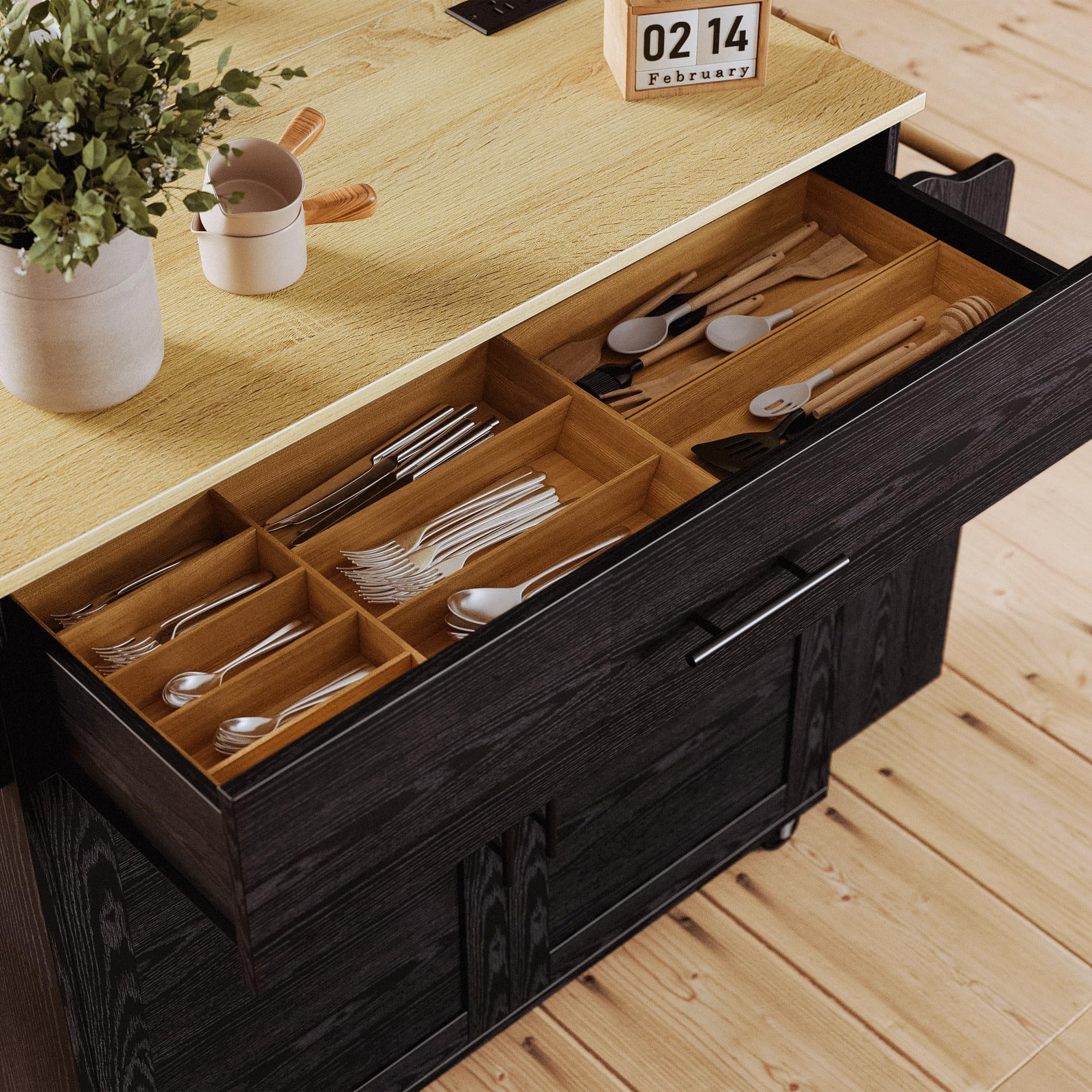 Rolling Kitchen Island with Drop Leaf & Charging Station