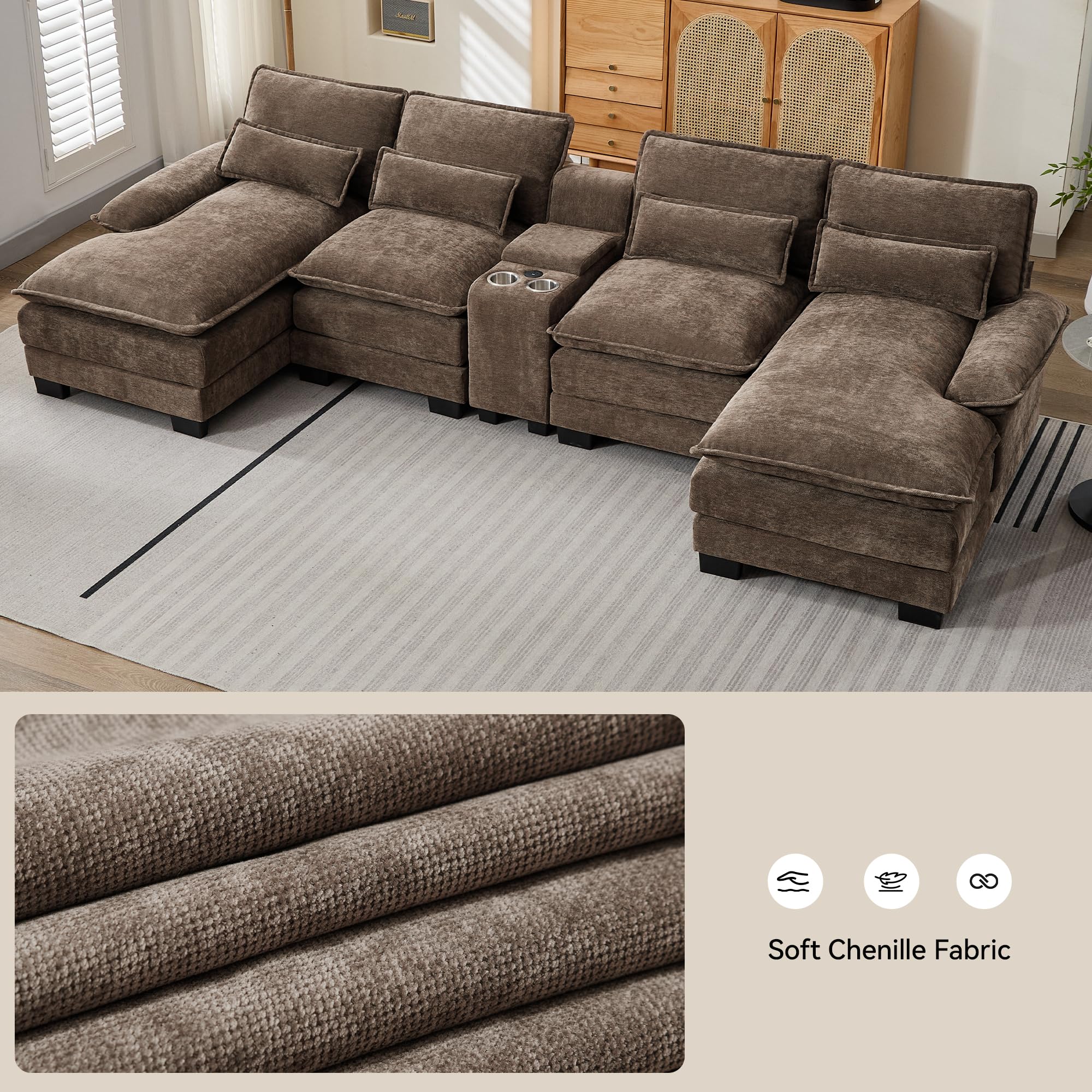 125" U Shaped Modular Cloud Couch, Small Deep Seat Sectional Sofa with Center Storage Console, USB Ports & Cup Holders, Comfy Couches for Living Room, Chenille Brown