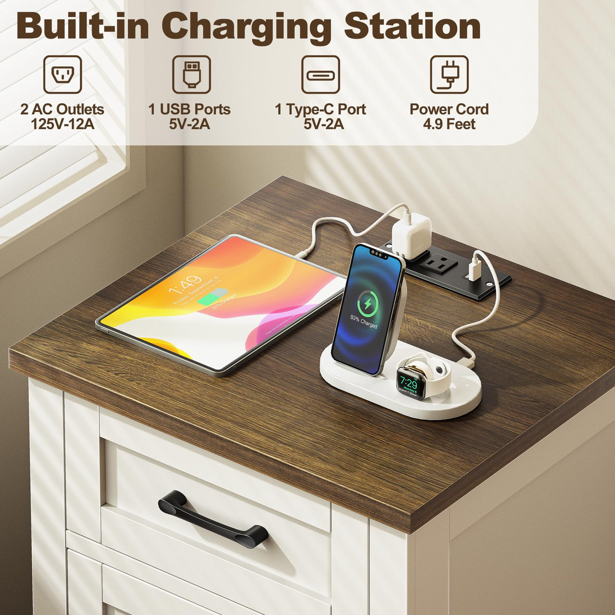 Decofy Farmhouse End Table Set of 2 with Charging Station White