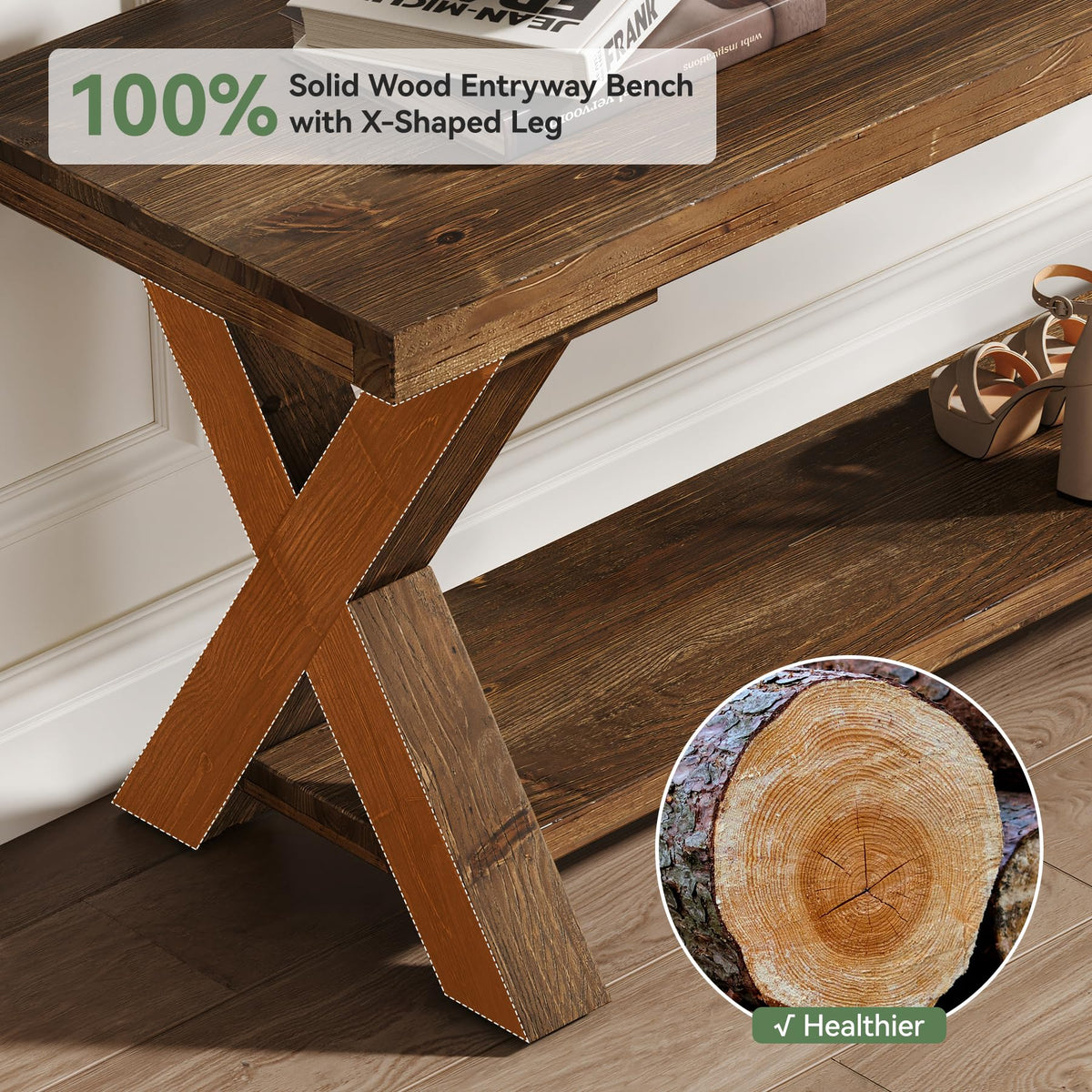 TRIBEWOOD 43.3" Solid Wood Bench, Farmhouse Wooden Entryway Bench with Storage Shelf, X-Shaped Leg Design, Entry Way Shoe Benches Seat for Hallway, Kitchen, Bedroom, Living Room