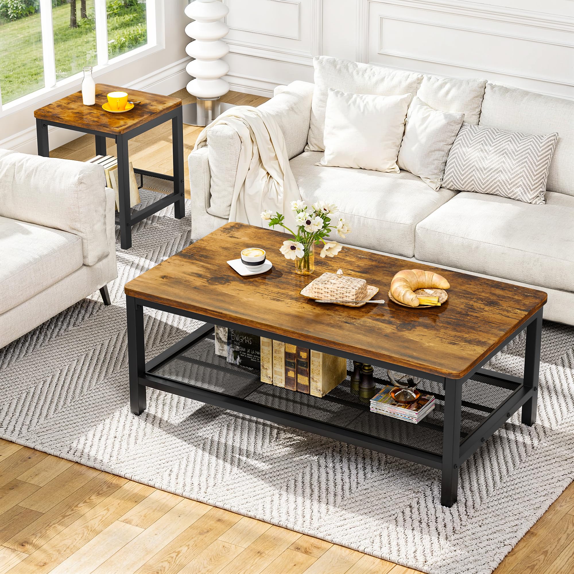 3-Piece Industrial Coffee Table Set with 2 End Tables