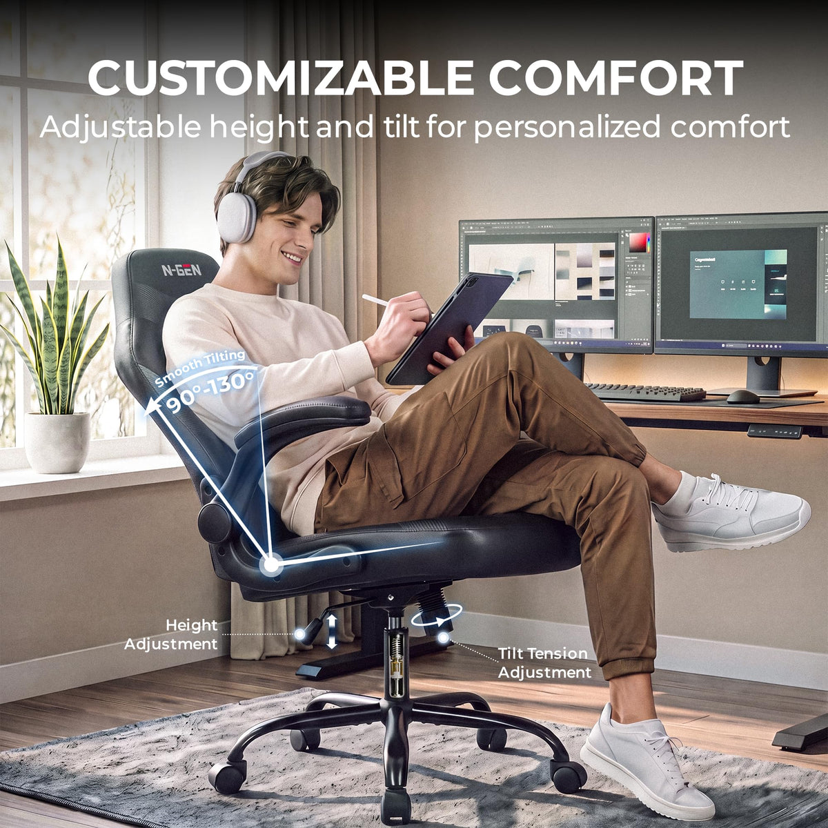 N-GEN GAMING Gaming Chair, Lumbar, PU Leather, Flip-Up Arms, Jet Black