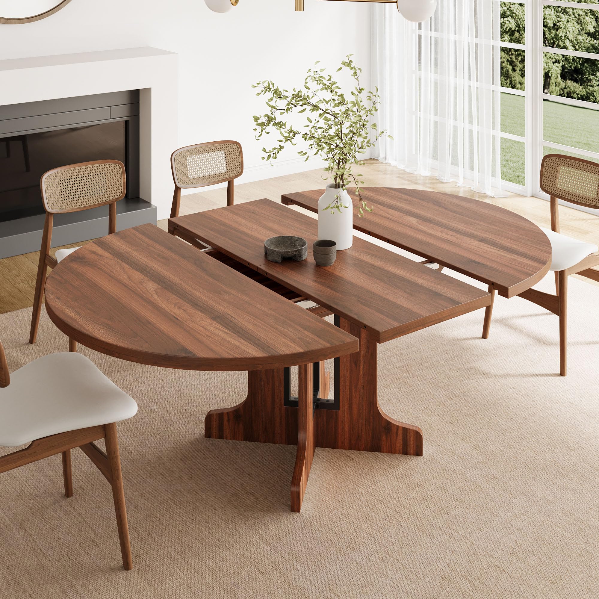 Feonase 59" Round Extendable Dining Room Table for 4-6, Modern Oval Kitchen Table with Heavy Duty Wood Base, Metal Frame Support, for Dining Kitchen Living Room, Easy Assembly, Noise-Free, Walnut