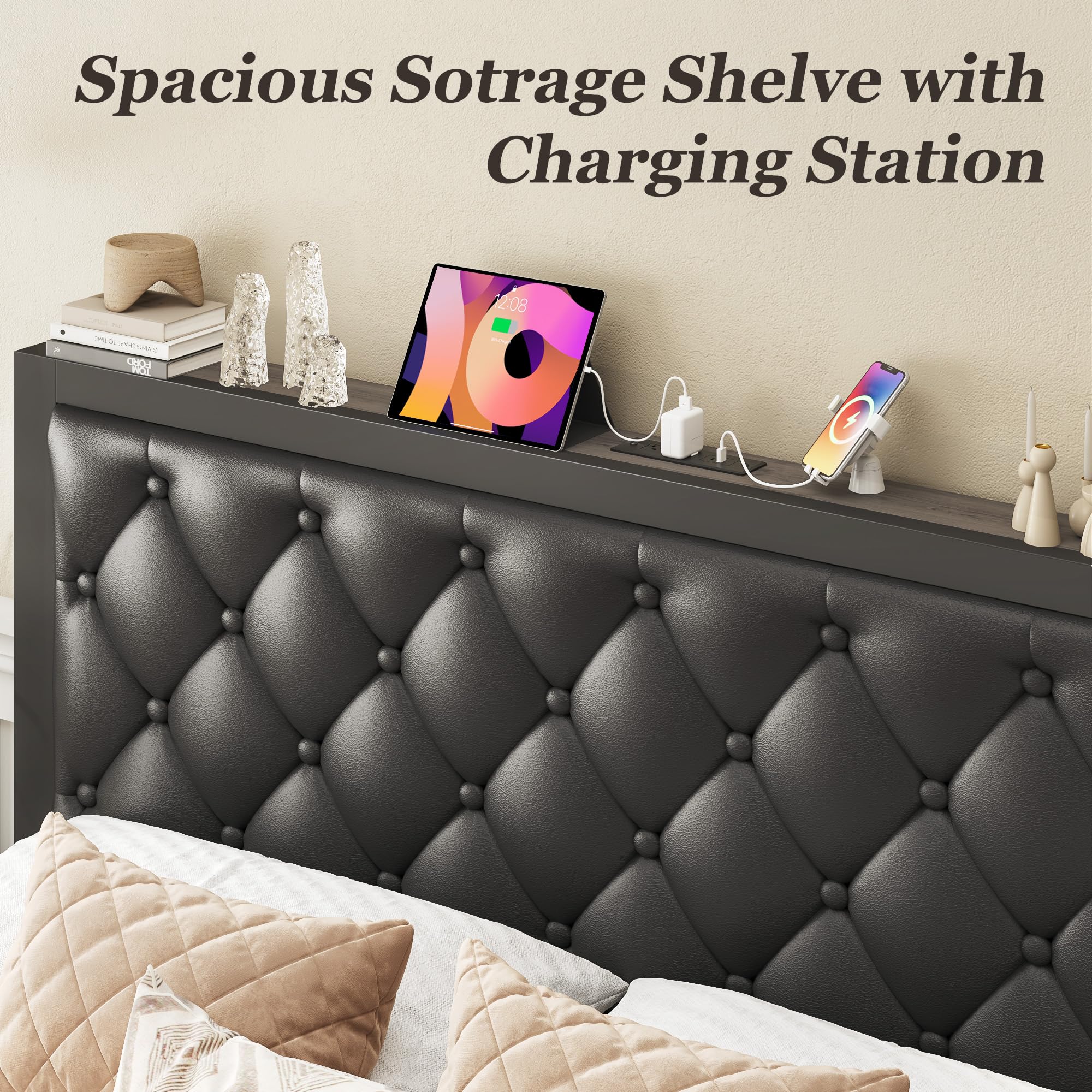 Queen Bed Frame with Storage Drawers & Charging Station