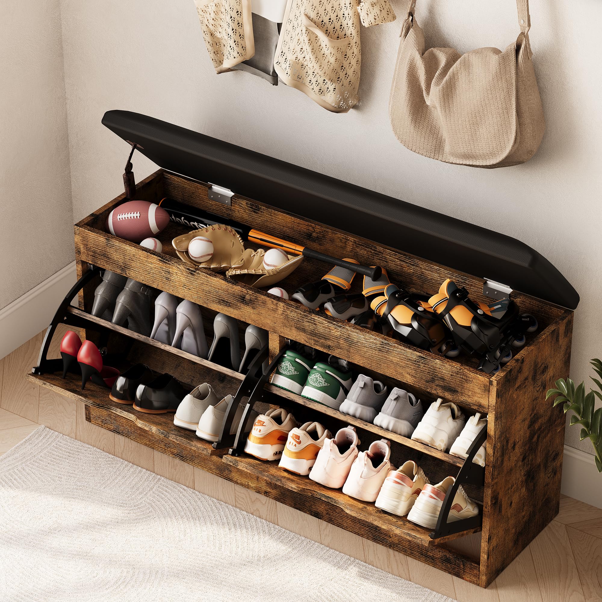 Entryway Shoe Storage Bench with Flip Drawers & Padded Seat