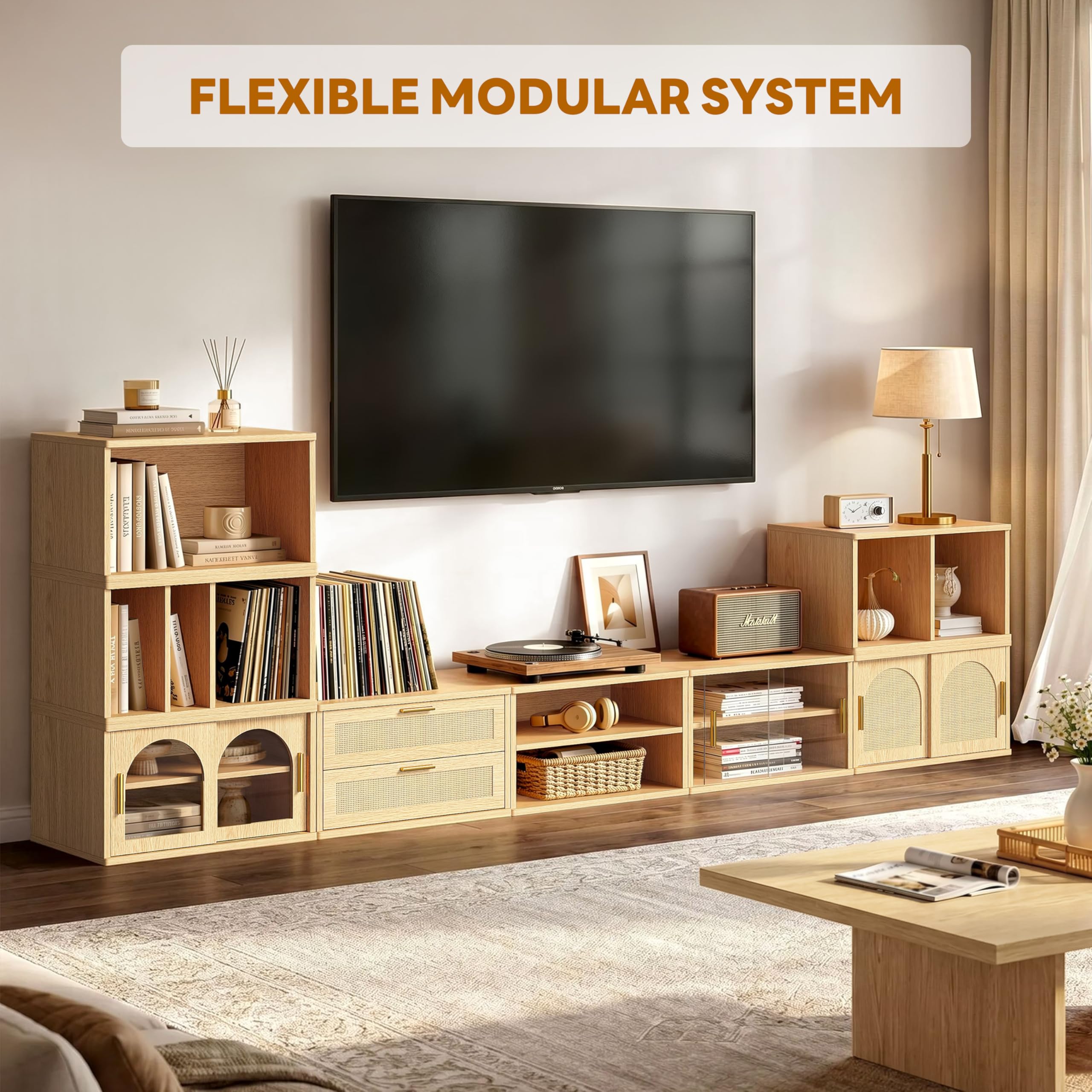 LIKIMIO Modular TV Stand Set for 65-100 Inches TV, Flexible Combination Entertainment Center with 8-Piece Storage Cabinet, Wood Media Console with Drawers & Rattan Doors for Living Room, Natural