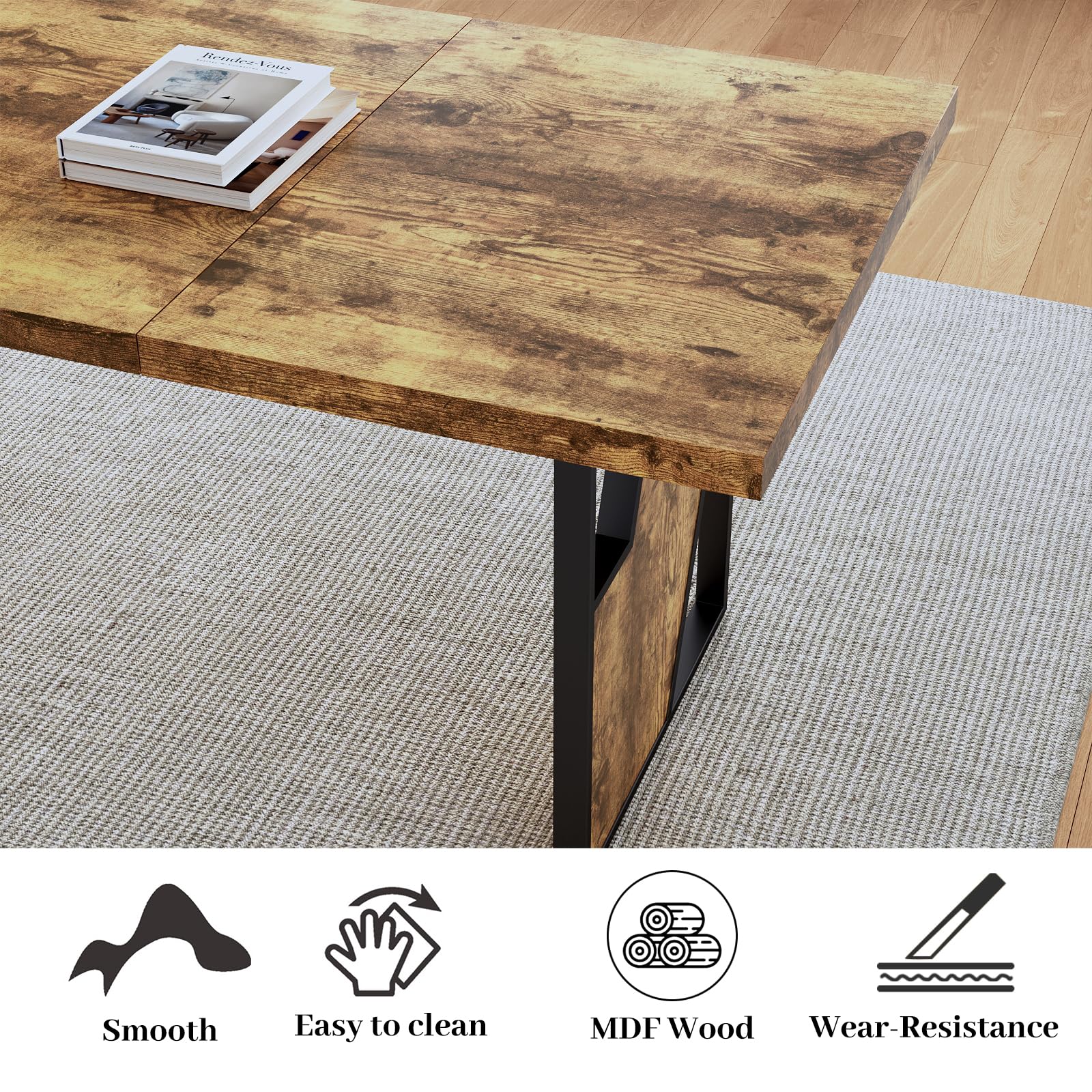 70.8-Inch Dining Table Set with 2 Benches | MDF & Metal | Seats 6-8