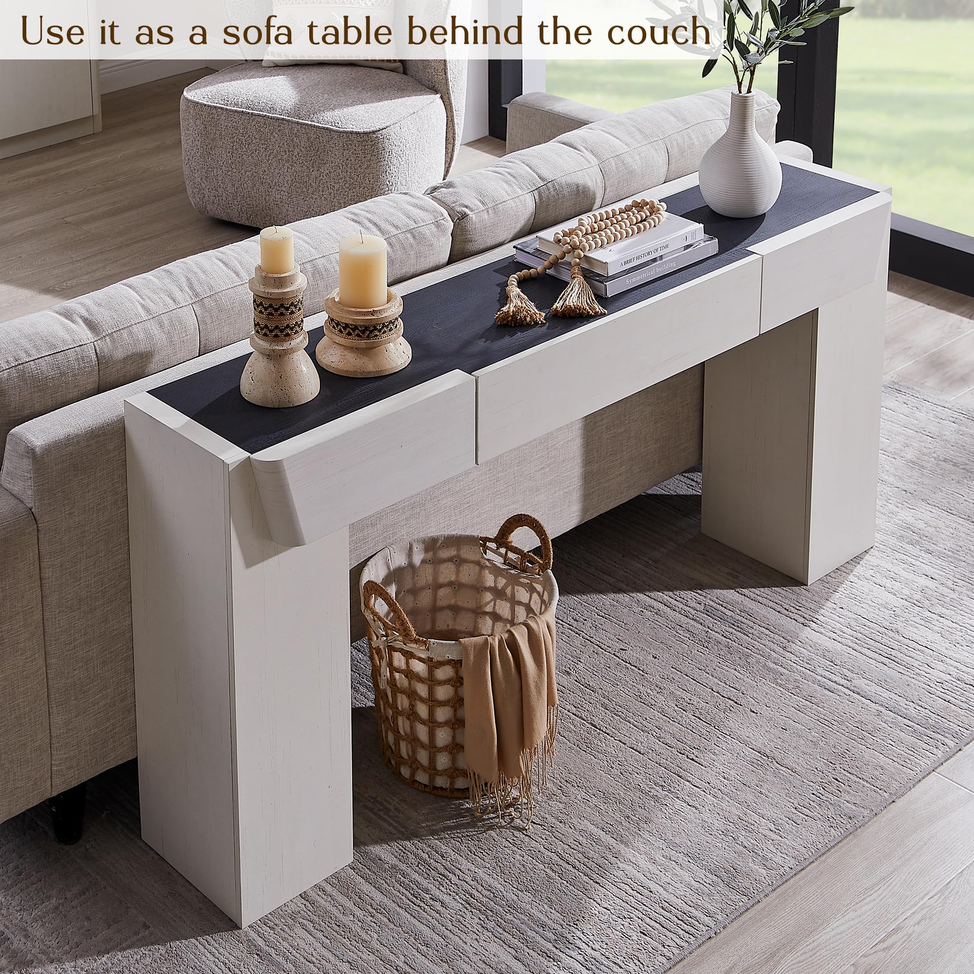 JXQTLINGMU 63" Long Wood Console Table with Storage Drawer, Modern Entryway Table, Sofa Table Behind Couch, Farmhouse Console Tables for Entryway Hallway Living Room, White
