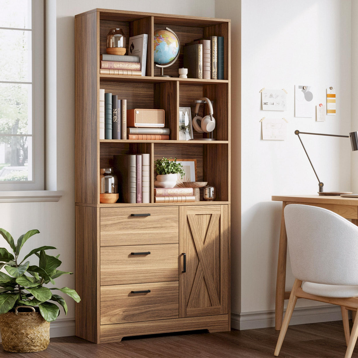 IRONCK Book Shelf 31.3 Inch Wide, Bookshelf with Doors and 3 Drawers, Brown