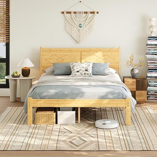 Bamboo & Iron Platform Bed Frame with Headboard | 14-Inch Clearance