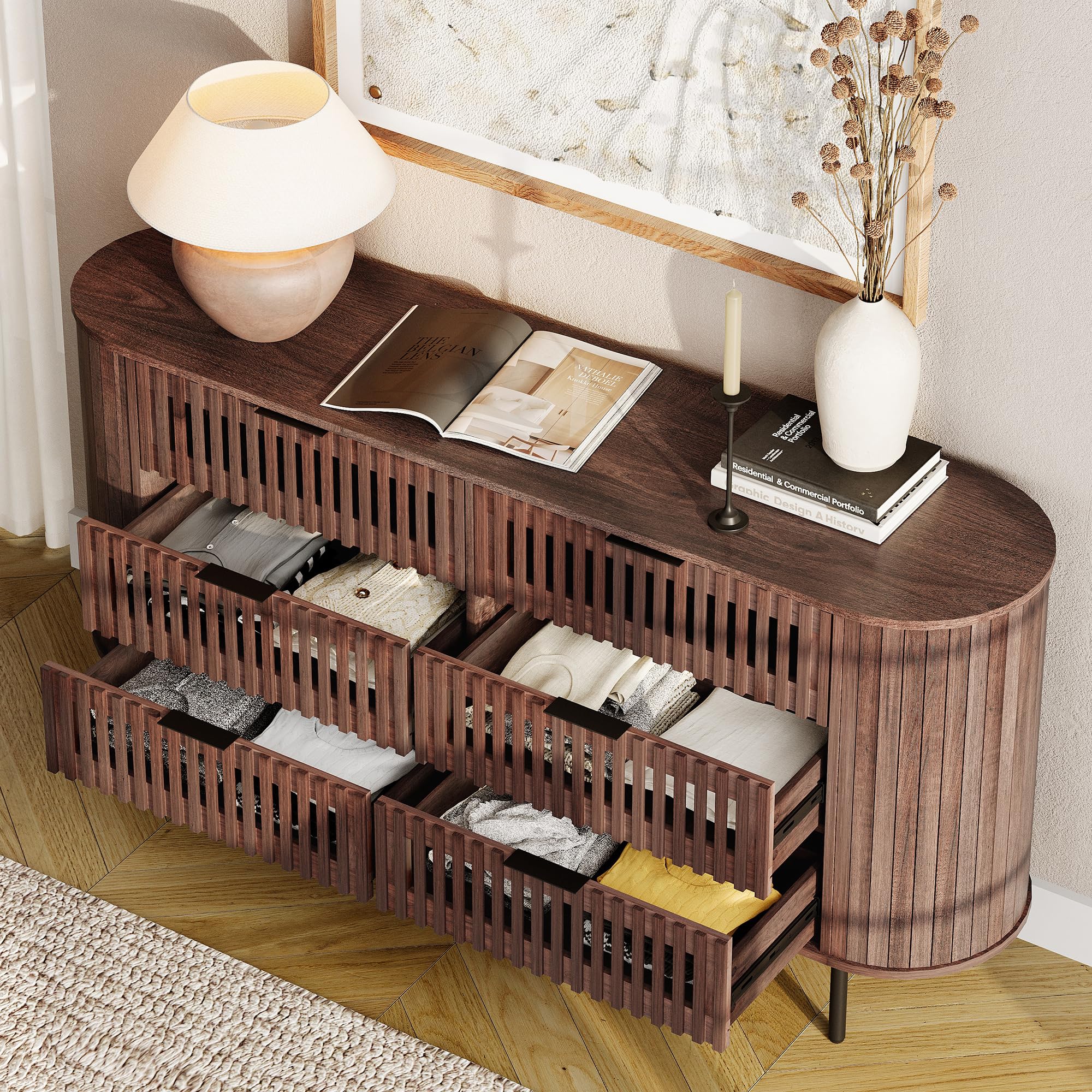 6-Drawer Fluted Dresser with Curved Design