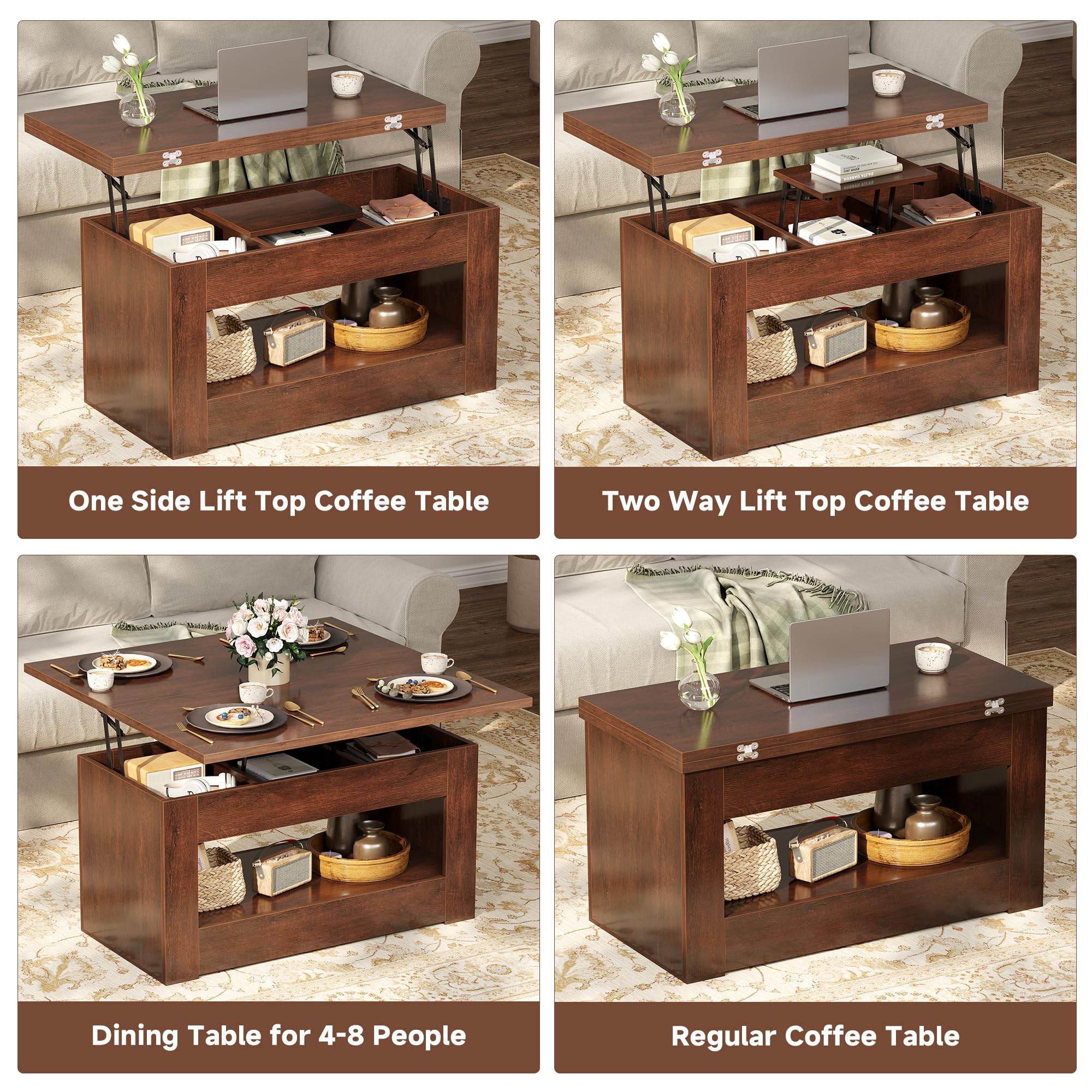 UNIQUITE 40" Lift Top Coffee Table, 4 in 1 Multi-Function Lift Coffee Table with Storage and Hidden Compartment, Convertible Coffee Tables to Dining Table for Living Room, Walnut