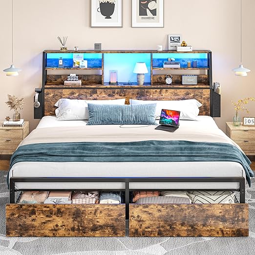 Bed Frame with Storage, LED Lights & Charging Station