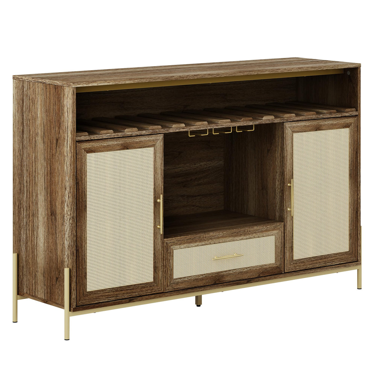BELLEZE Coffee Bar Cabinet, 55" Rattan Liquor Cabinet, Boho Farmhouse Sideboard Buffet Cabinet with Storage, Accent Bar Cabinet for Living Room, Dining Room, and Entryway - Marcel (Camel)