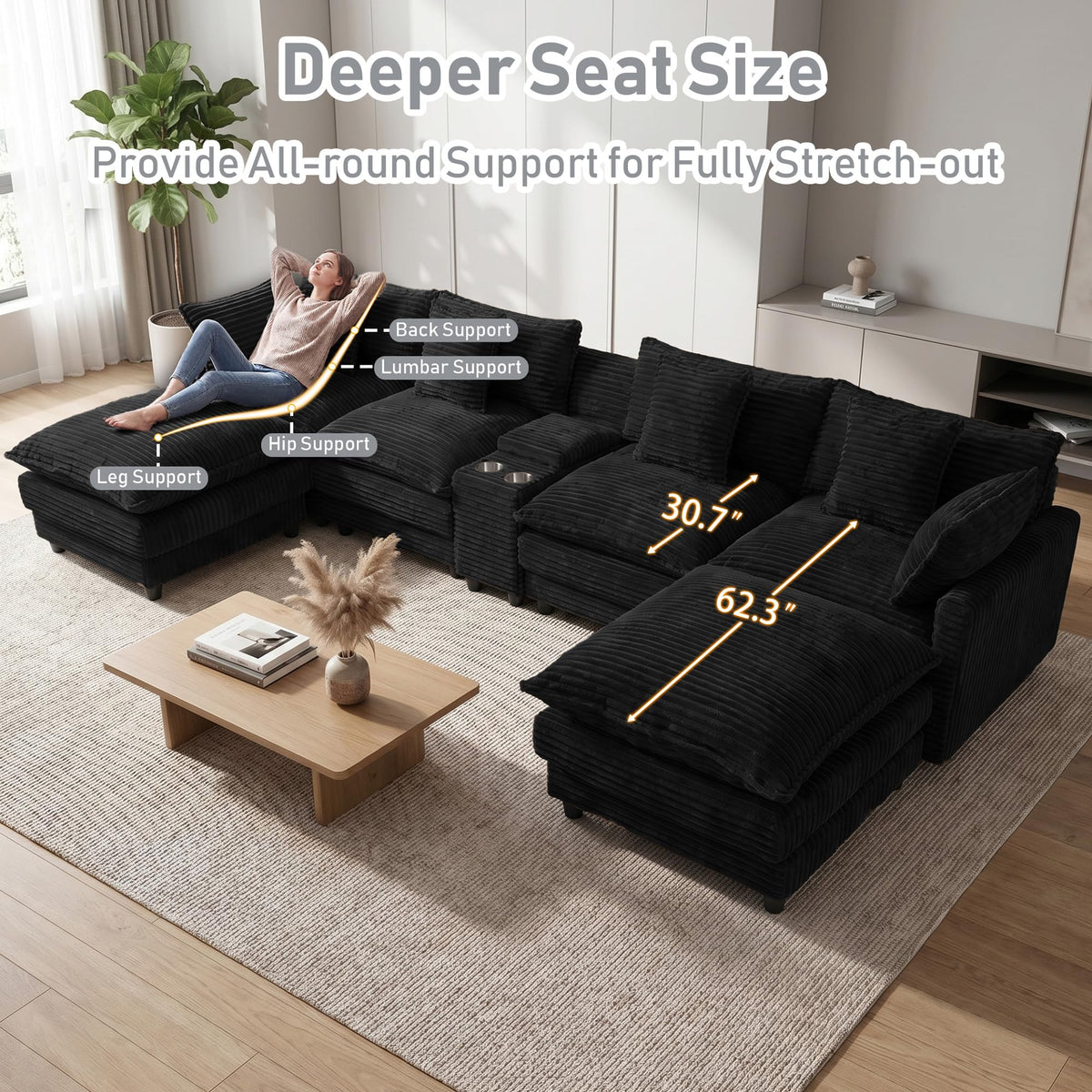 ONEMMLION 143" Oversized U-Shaped Cloud Sectional Sofa, Black