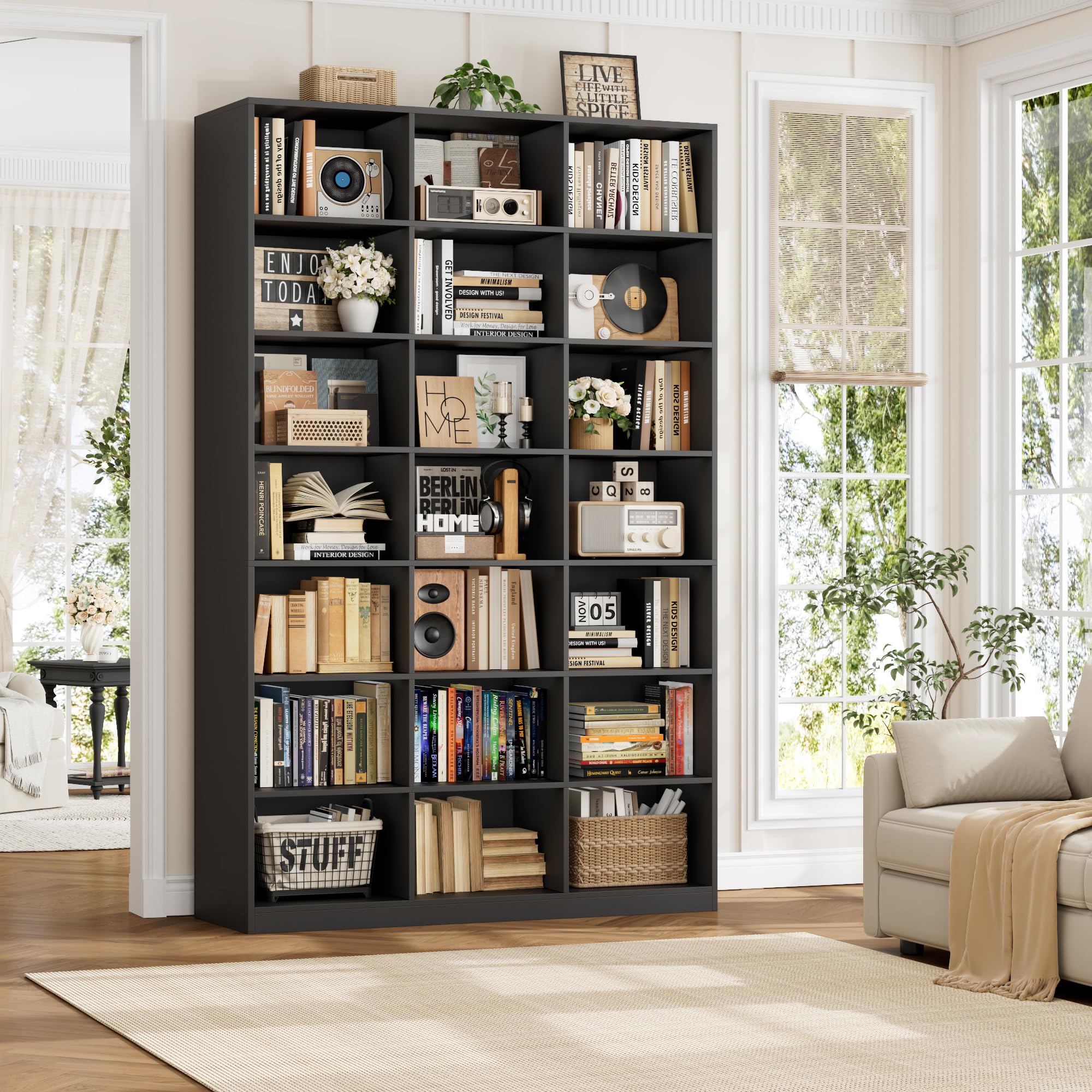 HOSTACK 86" H Triple Wide Bookshelf and Bookcase, 7 Tier Tall Bookshelf with Storage, Large Bookcase with 21 Open Display Storage Shelves, Wood Book Shelf Media CD DVD Storage for Living Room, Black