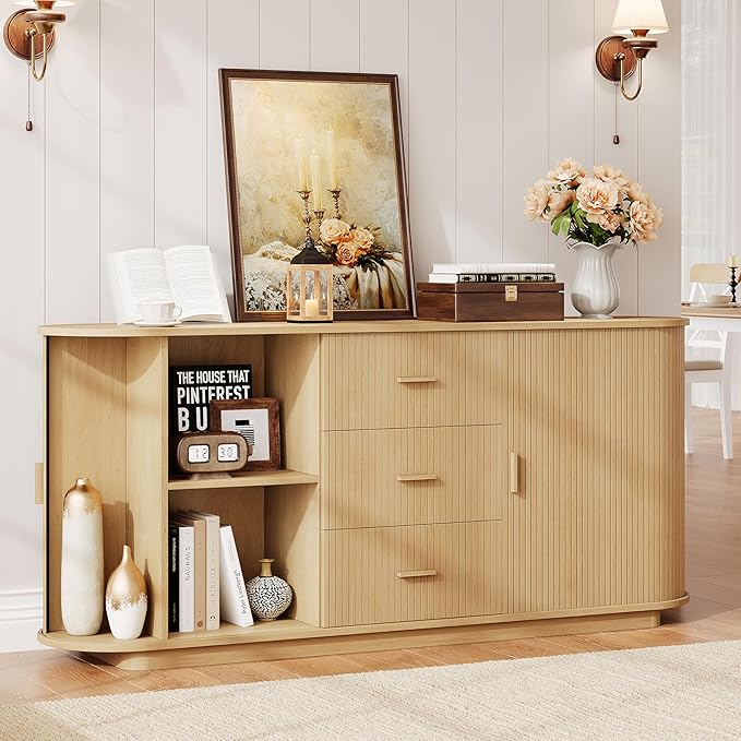 ONBRILL 63" Fluted Sideboard Buffet Cabinet with 3 Drawers & 2 Doors, Mid-Century Modern Buffet Sideboard Cabinet with Storage, Coffee Bar Table with Adjustable Shelf for Kitchen, Living Room, Black