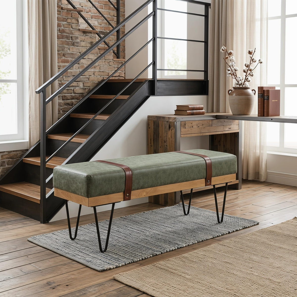LukeAlon 44" Green PU Leather Ottoman Bench, Modern Upholstered Storage with Industrial Hairpin Legs for Entryway, Bedroom & Living Room Christmas Green