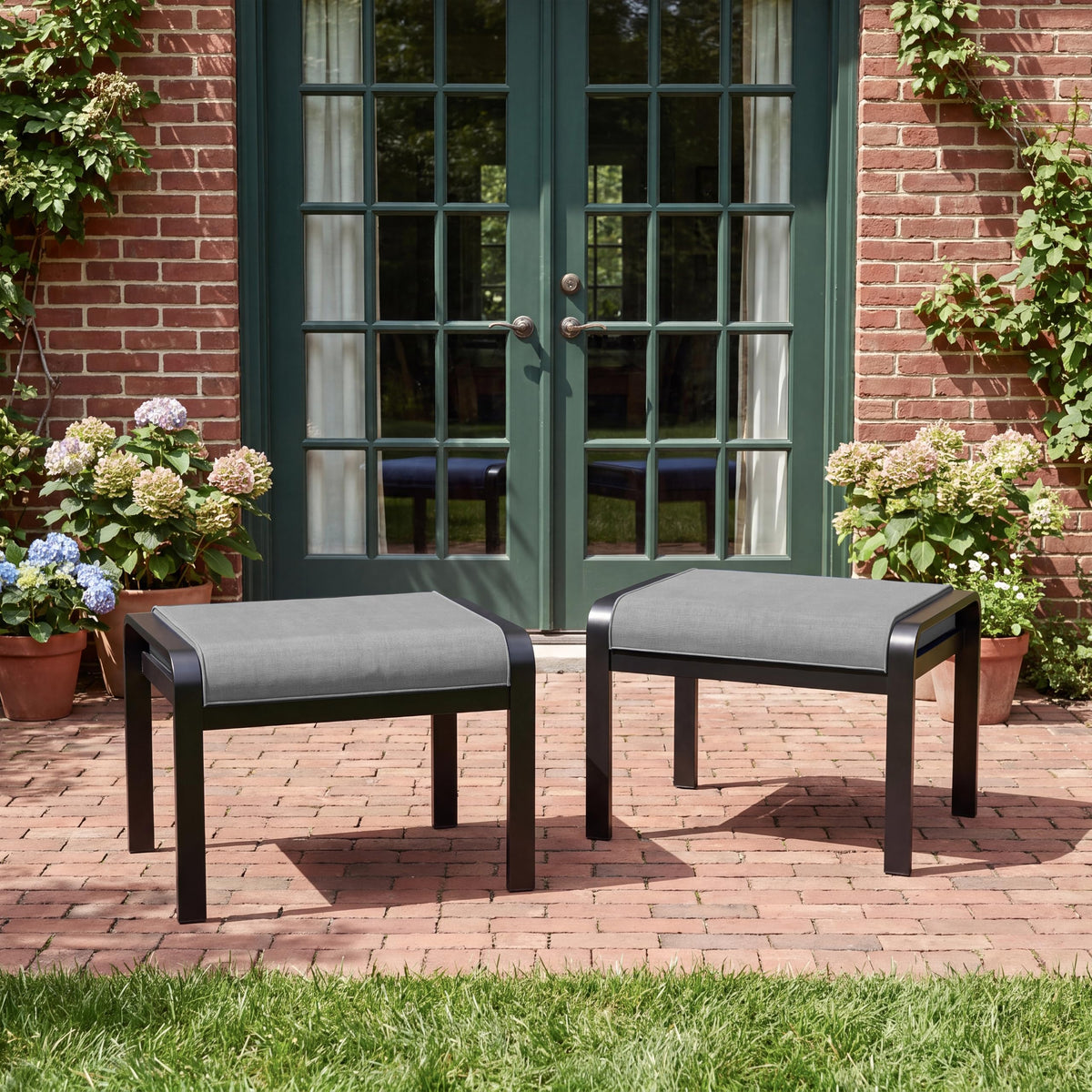 ASJMR 2 Pieces Patio Ottomans, Aluminum Outdoor Ottoman with Removable Cushion, Oversized Outdoor Footstools, Additional Seating, Side Table, Multipurpose Outdoor Footrests for Balcony, Garden, Grey