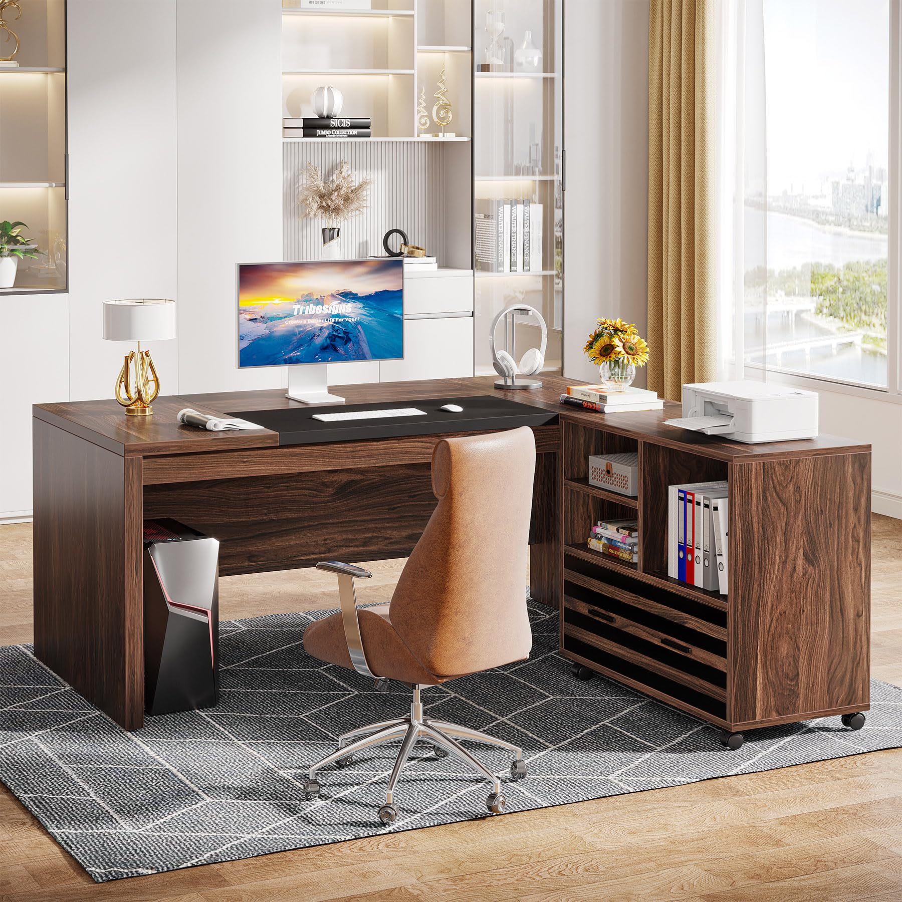 L-Shaped Executive Desk with Mobile File Cabinet