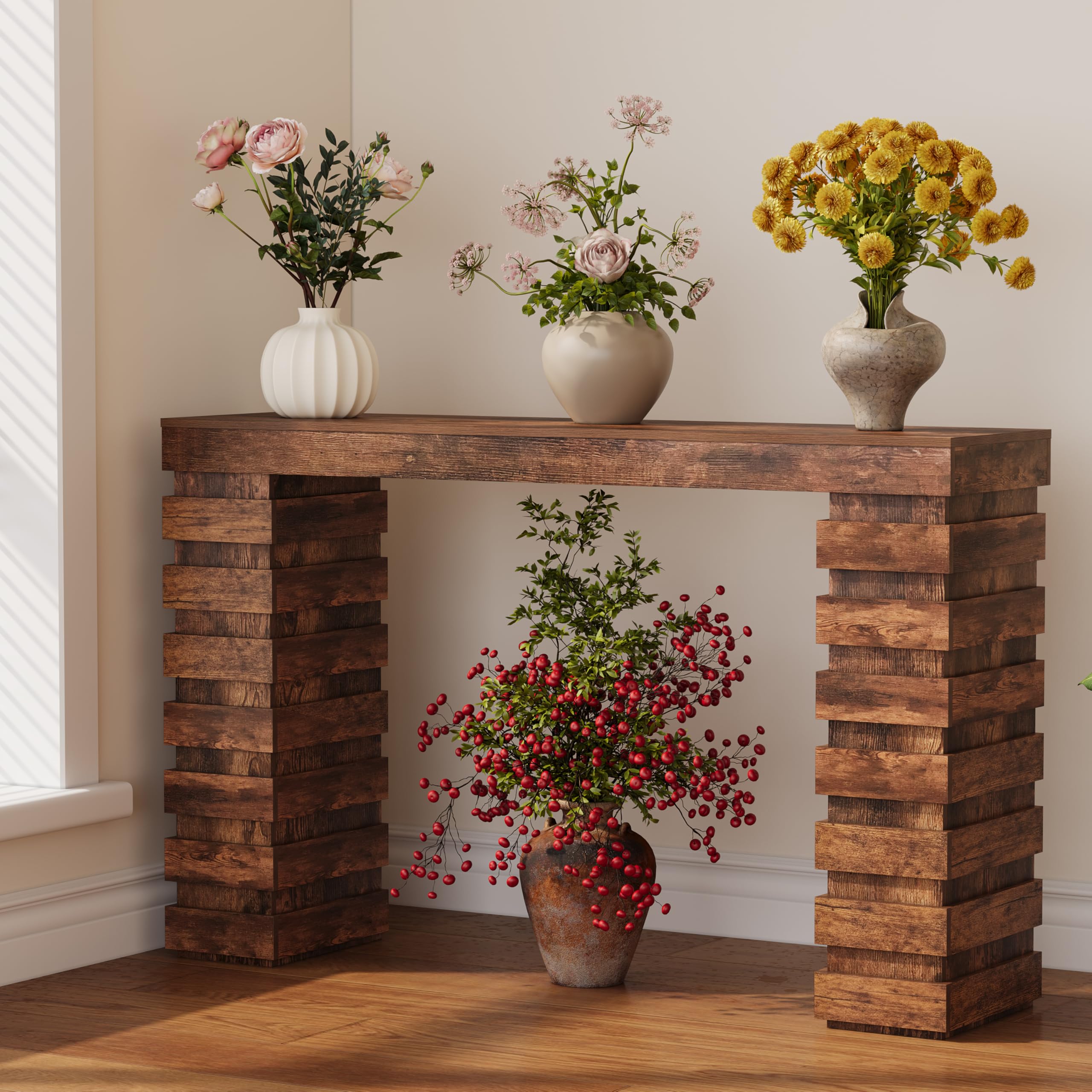 NinPeen 47.24" Long Console Table, Wood Entrance Table, Sofa Table Behind Couch, Industrial Console Table, Entryway Table for Contemporary Living Room, Entryway, or Hallway (Rustic Brown)