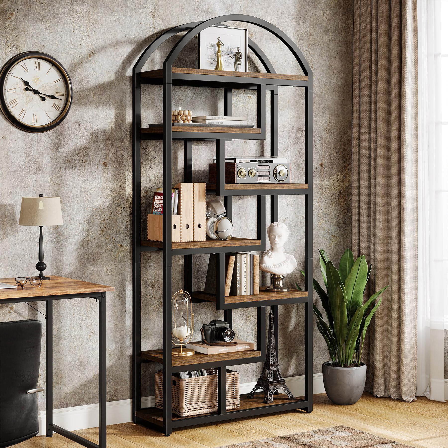 71" Arched Bookshelf 7-Shelf Industrial Etagere