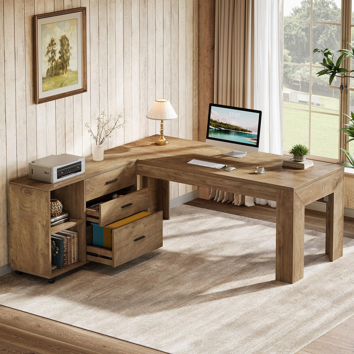 Tribesigns 63" L Shaped Desk with File Cabinet, Large Executive Office Desk with Rolling Filing Cabinet, Long Computer Table with Drawers and Shelves, Business Furniture Set for Home Office, Brown