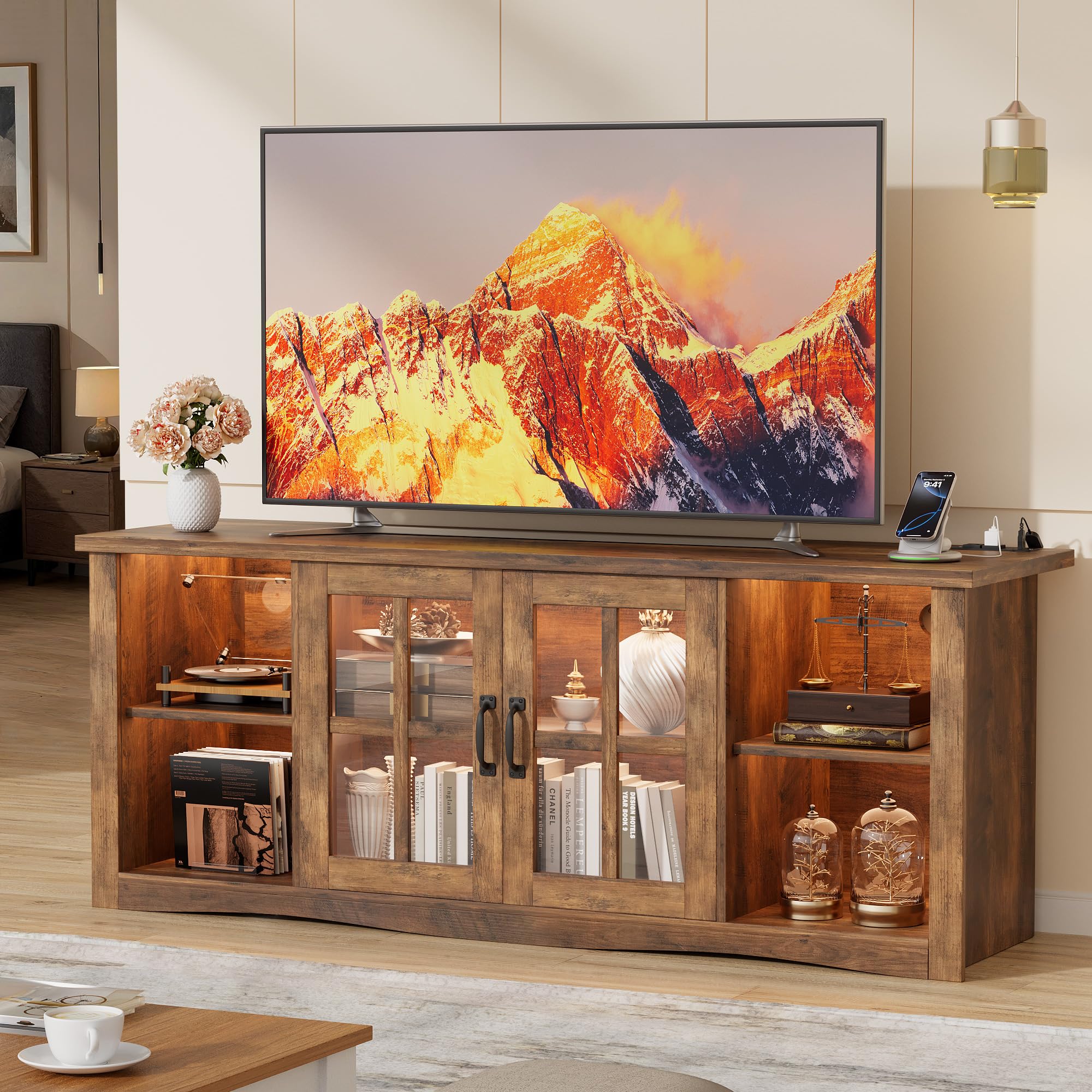 58" TV Stand with LED Lights, Glass Doors & USB Charging