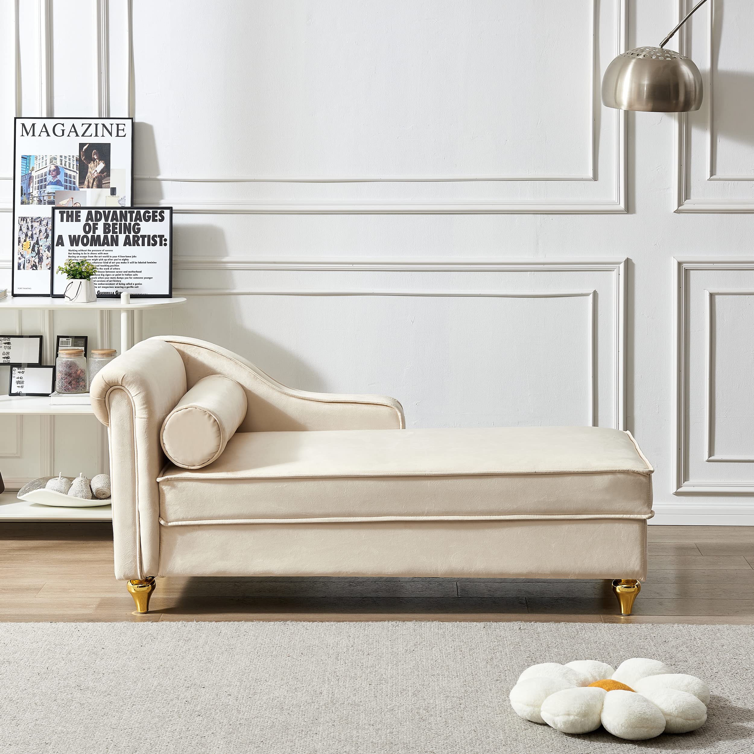 MYEYPEL 60.6''Velvet Chaise Lounge Indoor, Modern Velvet Lounge Chair with Left Armrest & Lumbar Pillow,Button Tufted Lounge Sofa with Storage for Bedroom, Living Room and Office，Beige