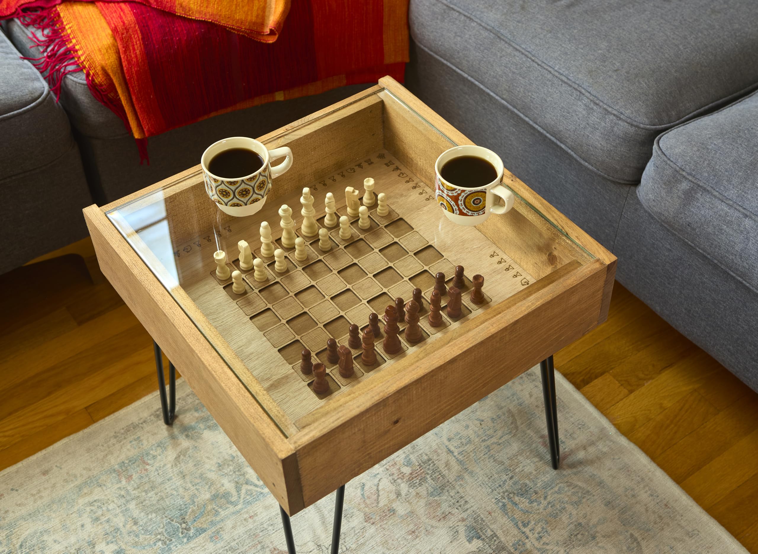 Rustic Chess & Checkers Coffee Table with Removable Glass Top