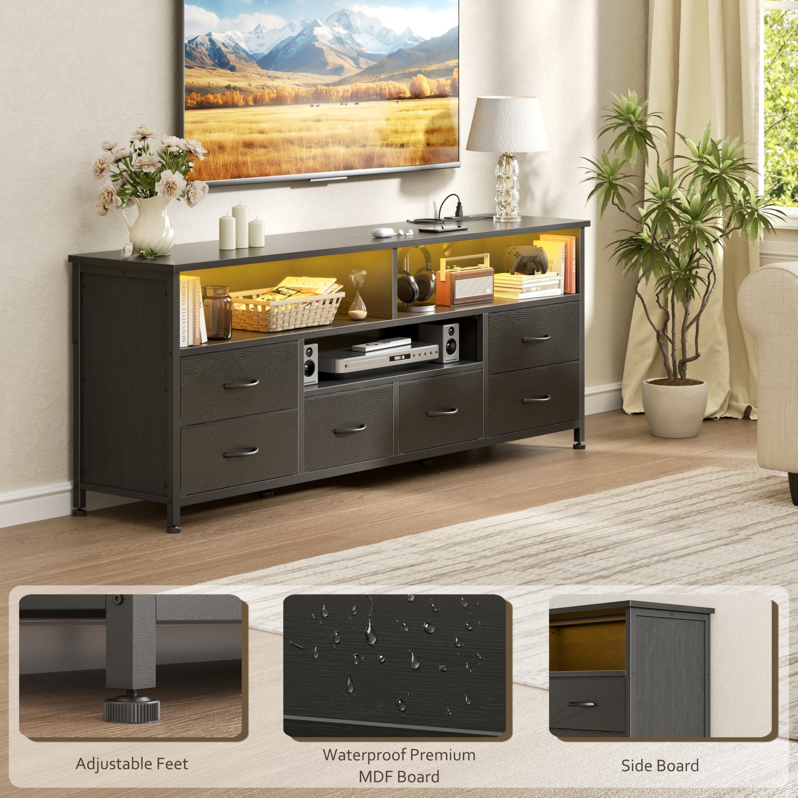 Korfile 55 Inch LED TV Stand for Bedroom, 6 Drawers Entertainment Center with Power Outlets for 50/55/60 Inch TV, Media Console Table with Shelves for Living Room & Hallway, PU Leather Surface, Black
