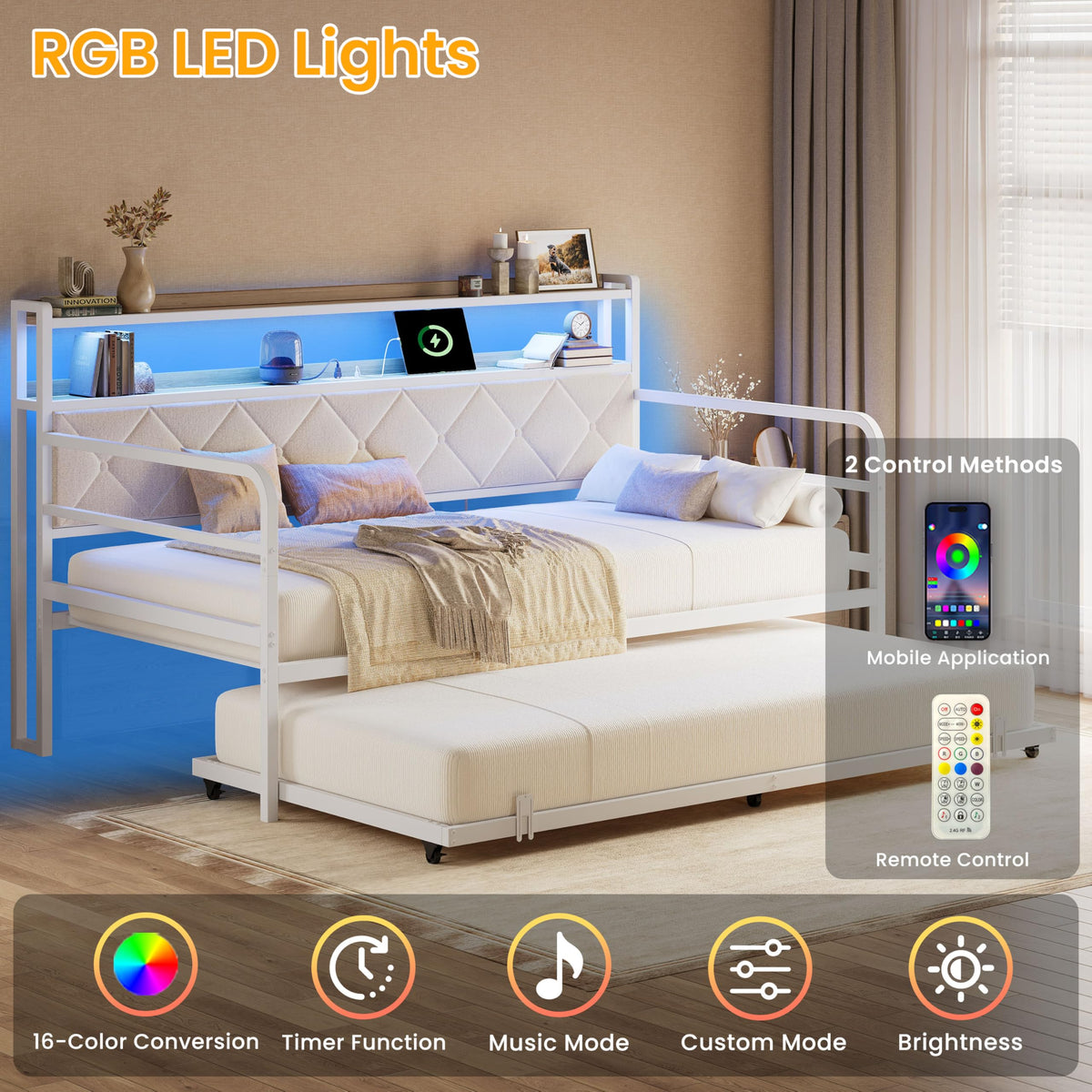 LIKIMIO Twin Daybed with Trundle and Charging Station, White