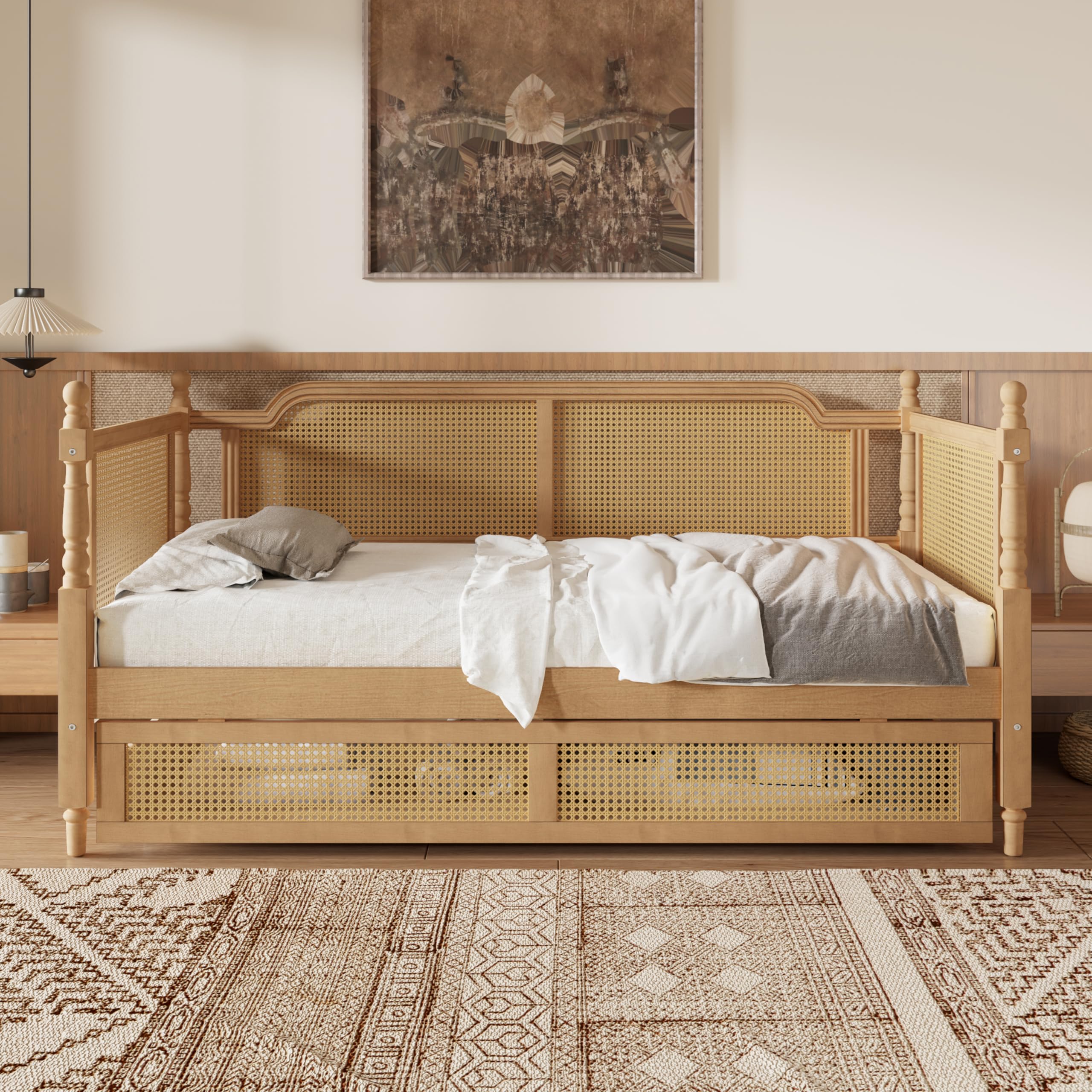SOFTSEA Rattan Full Daybed with Storage Drawers, Traditional Boho Daybed with Wood Slats Support for Living Room Bedroom, No Box Spring Needed, Easy Assembly, Antique Walnut